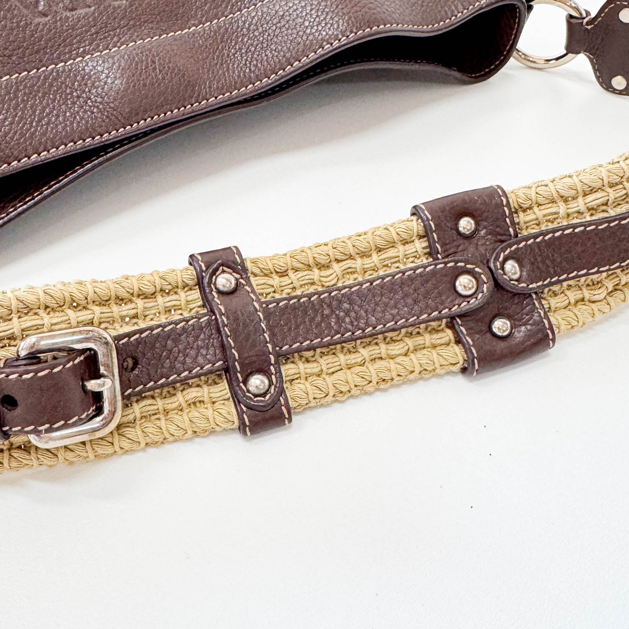 PRADA Brown Leather Natural Cotton Cord Stripe Shoulder Bag, in , Sold by HIVE PRELOVED - Shoulder Bags, ,