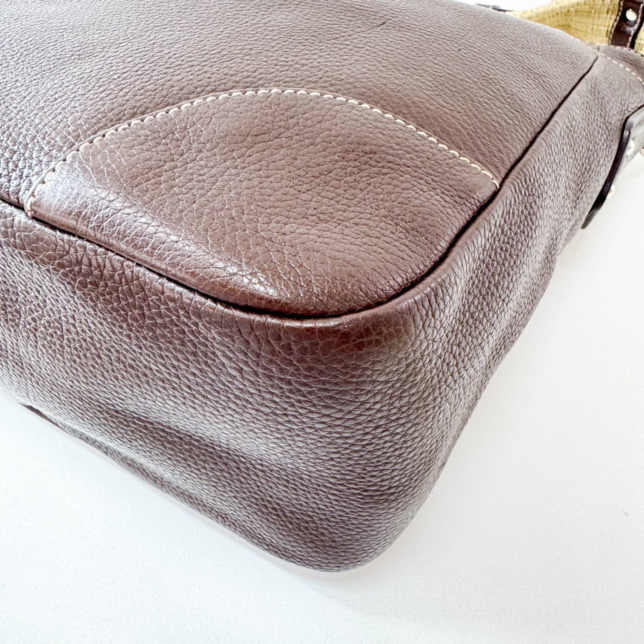 PRADA Brown Leather Natural Cotton Cord Stripe Shoulder Bag, in , Sold by HIVE PRELOVED - Shoulder Bags, ,