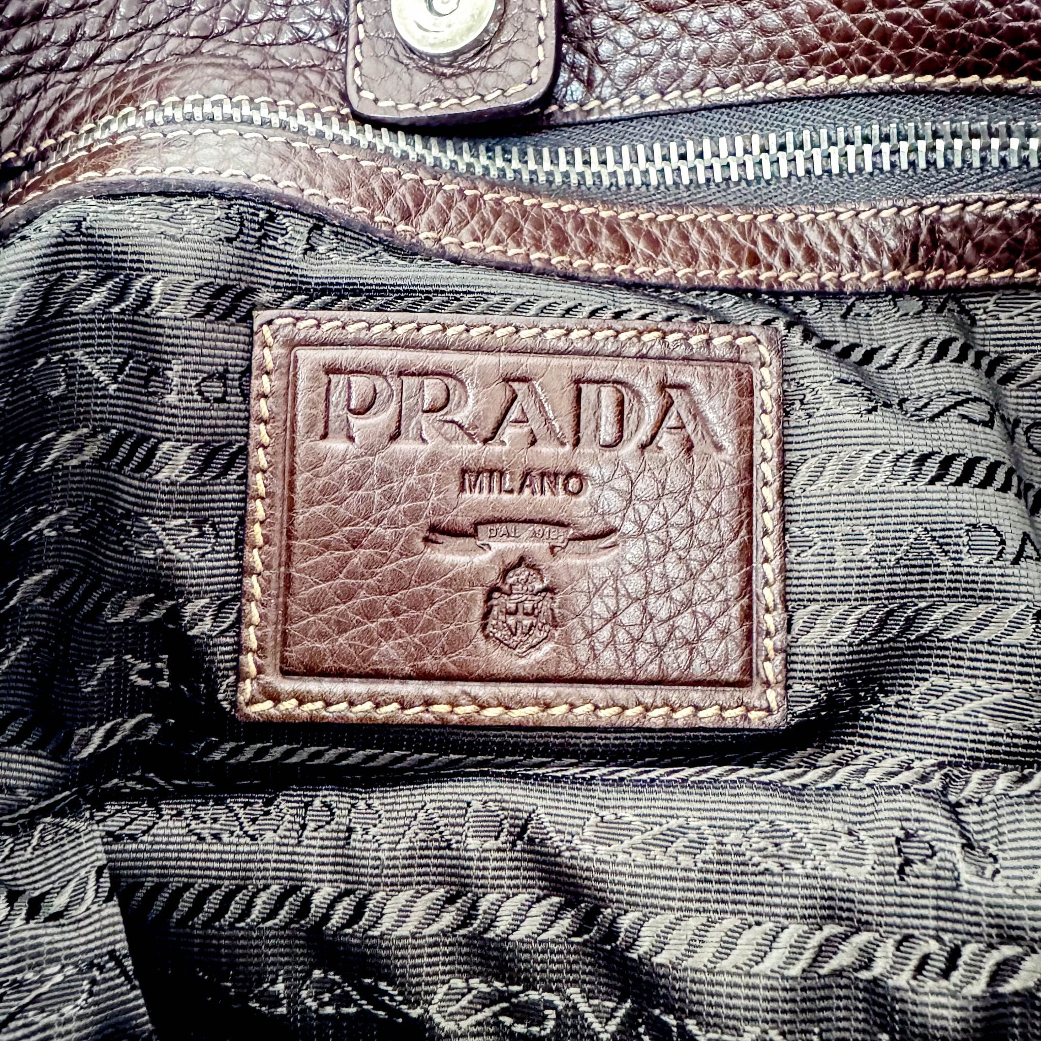PRADA Brown Leather Natural Cotton Cord Stripe Shoulder Bag, in , Sold by HIVE PRELOVED - Shoulder Bags, ,