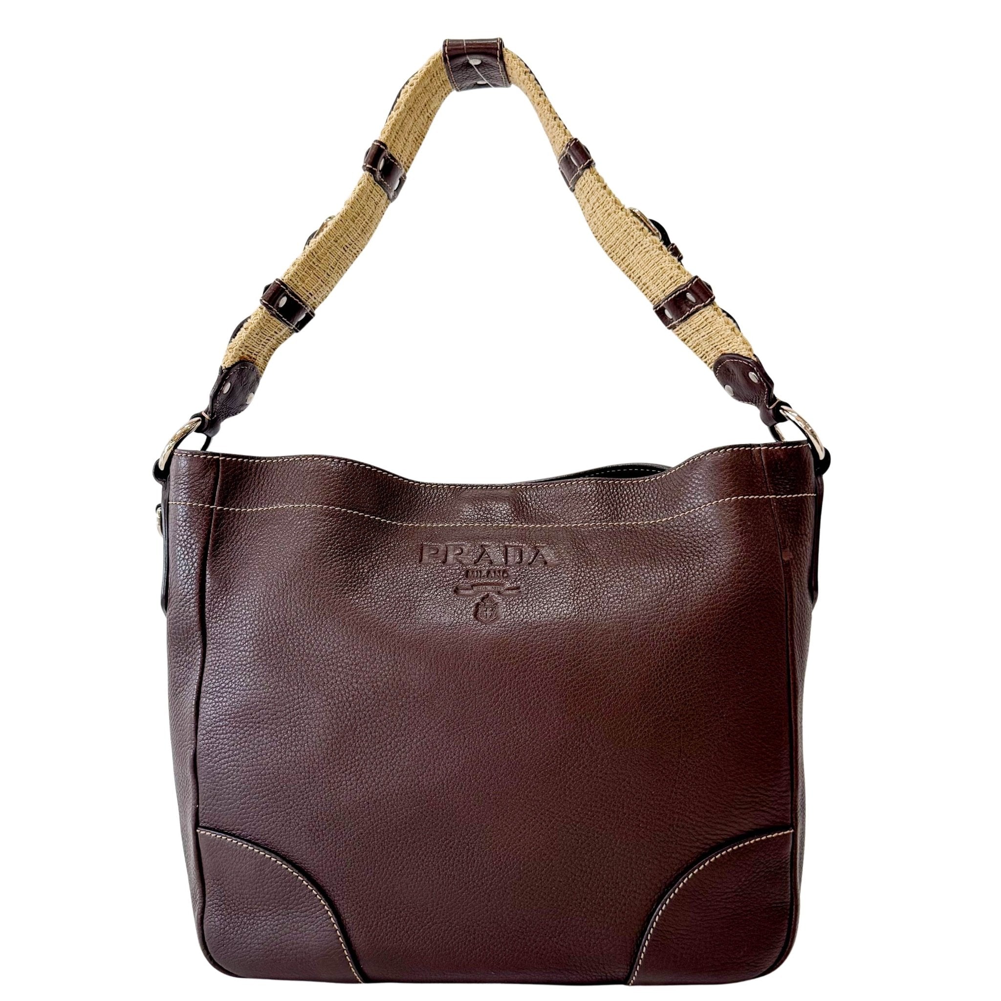 PRADA Brown Leather Natural Cotton Cord Stripe Shoulder Bag, in , Sold by HIVE PRELOVED - Shoulder Bags, ,