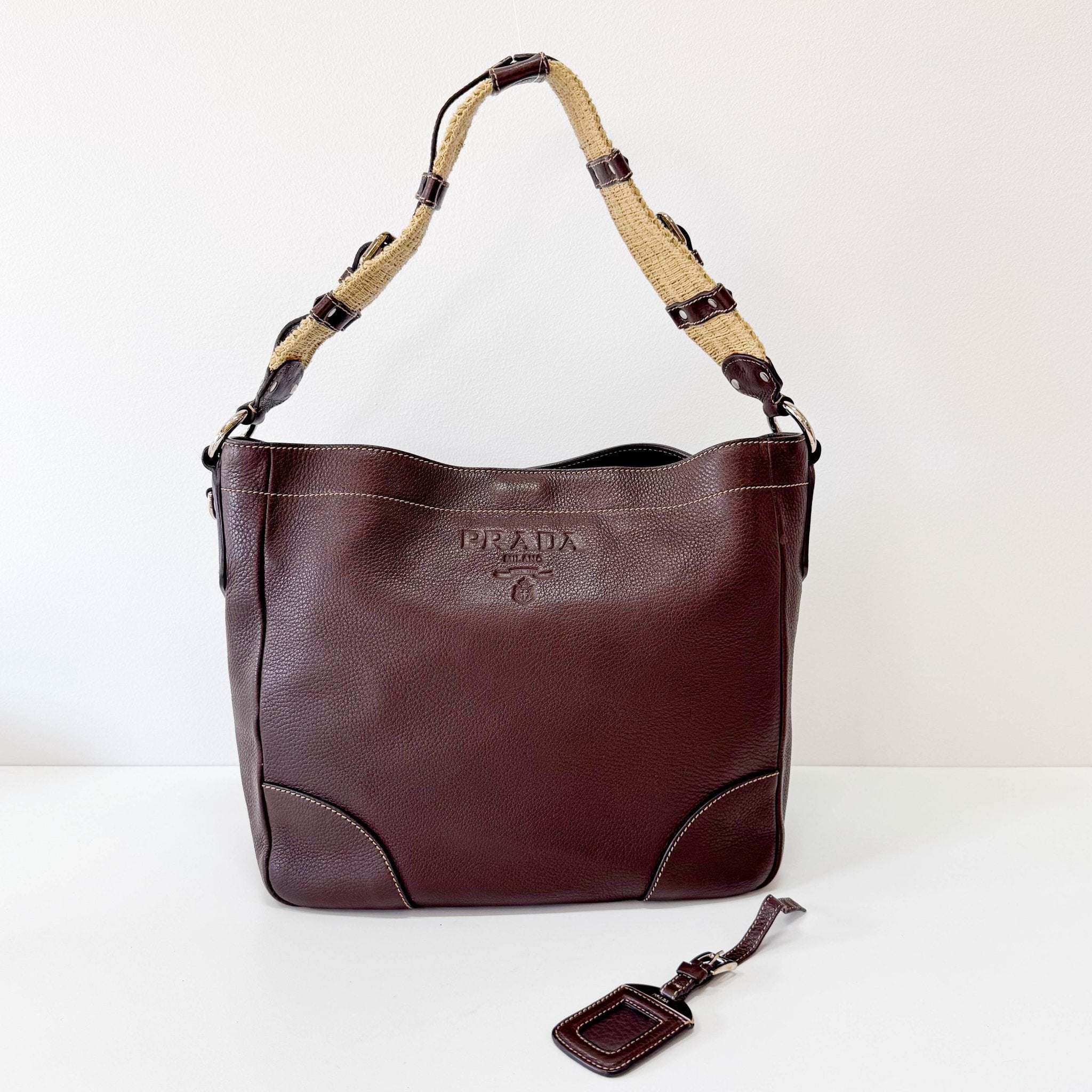 PRADA Brown Leather Natural Cotton Cord Stripe Shoulder Bag, in , Sold by HIVE PRELOVED - Shoulder Bags, ,