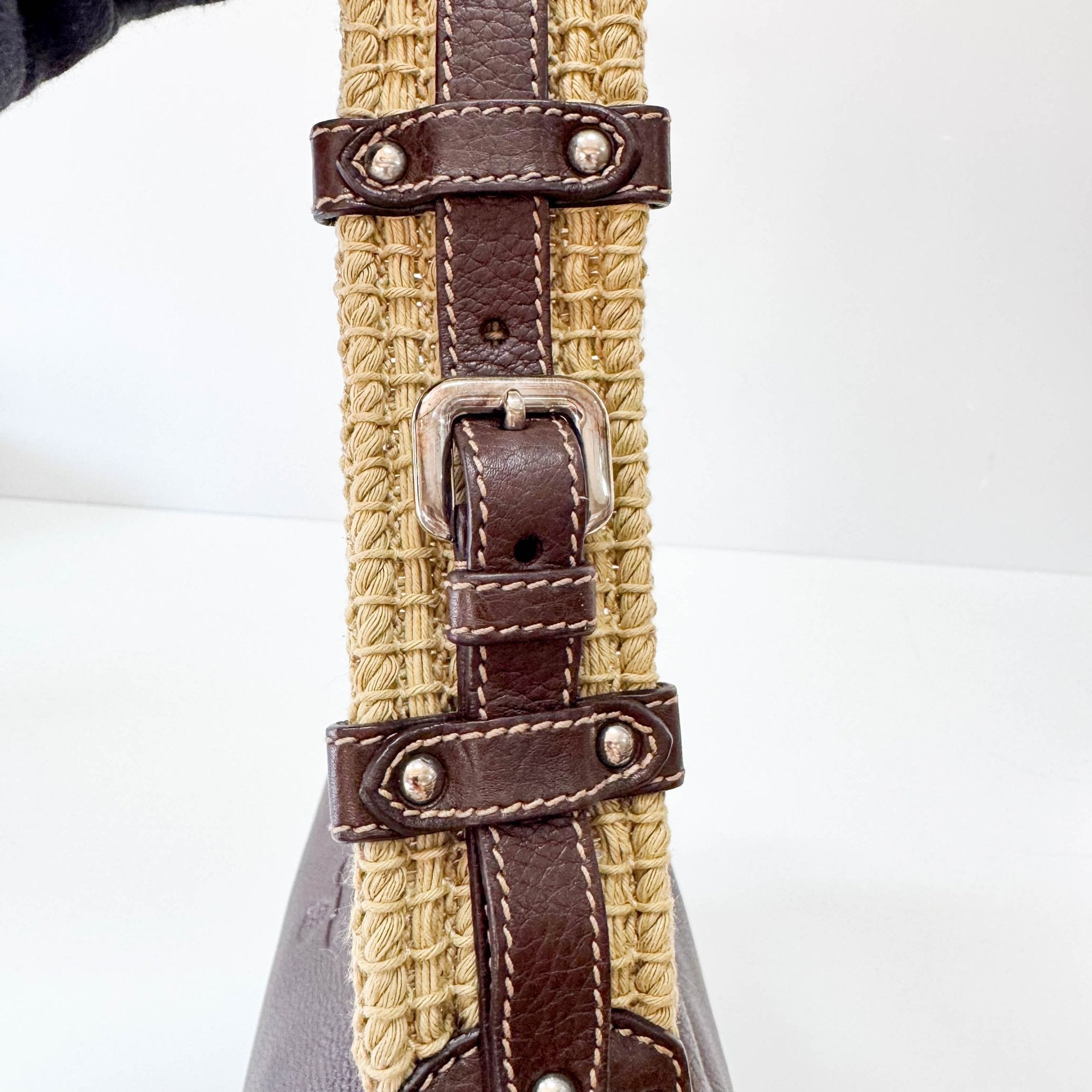 PRADA Brown Leather Natural Cotton Cord Stripe Shoulder Bag, in , Sold by HIVE PRELOVED - Shoulder Bags, ,