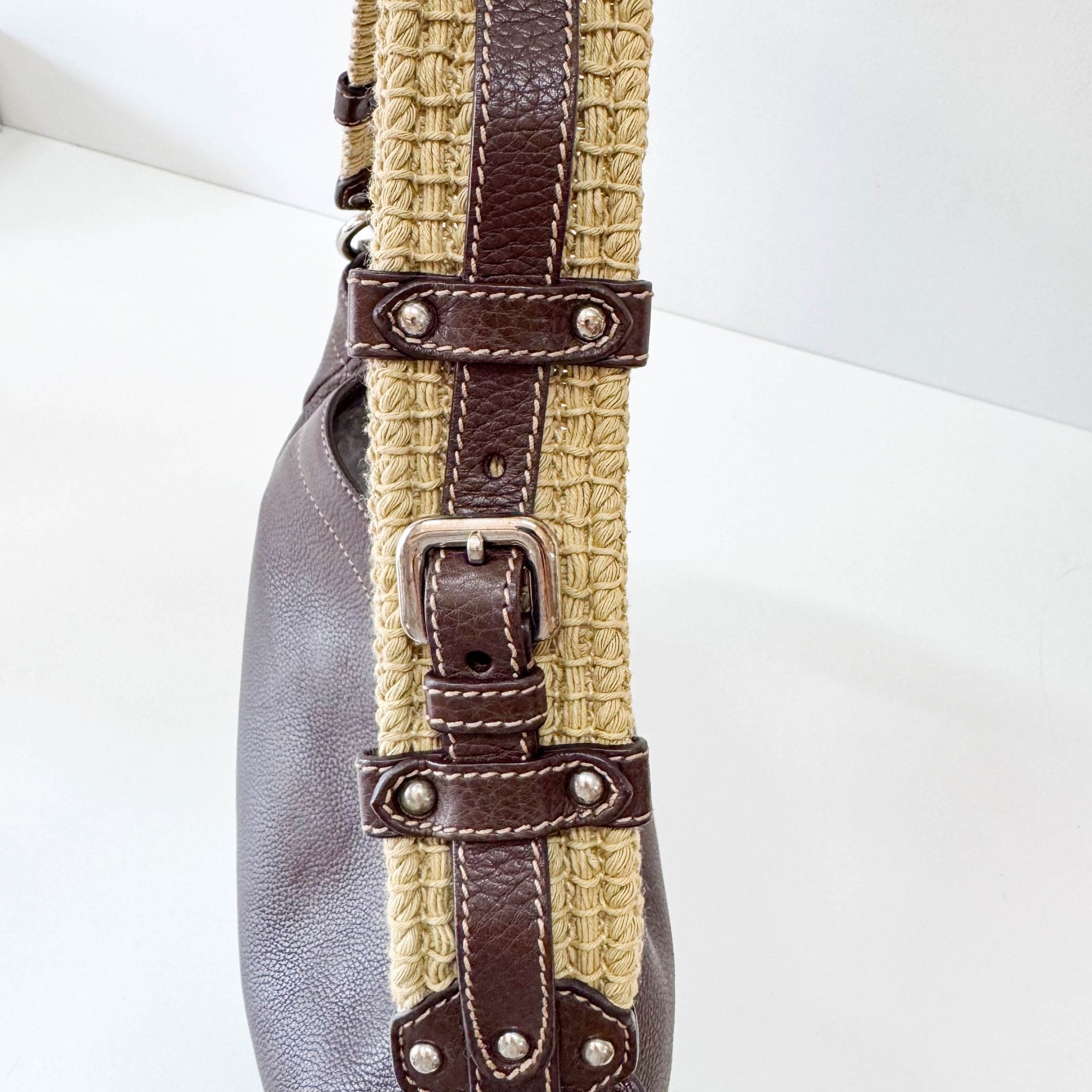 PRADA Brown Leather Natural Cotton Cord Stripe Shoulder Bag, in , Sold by HIVE PRELOVED - Shoulder Bags, ,