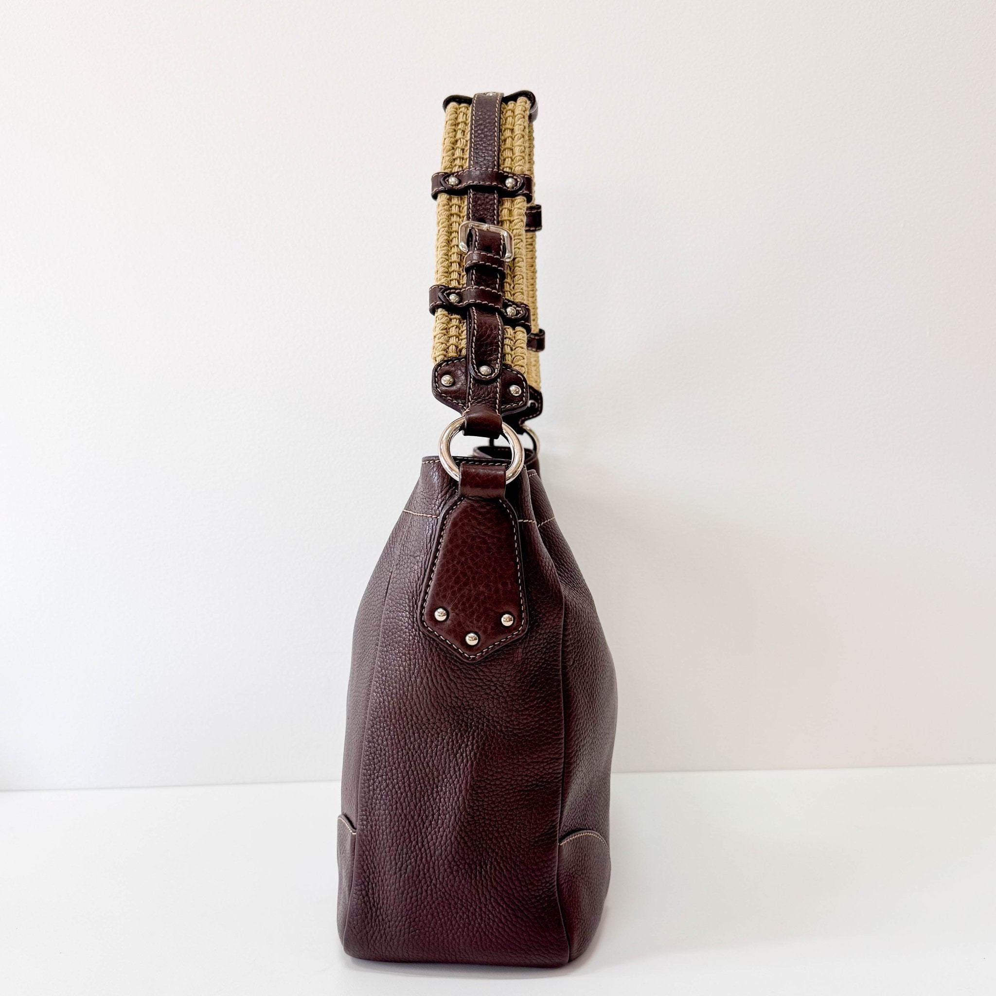 PRADA Brown Leather Natural Cotton Cord Stripe Shoulder Bag, in , Sold by HIVE PRELOVED - Shoulder Bags, ,