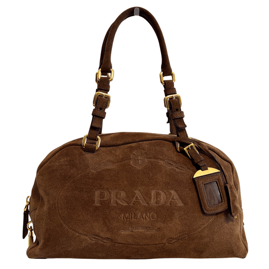 PRADA Brown Suede Boston Bowling Bag, in , Sold by HIVE PRELOVED - Handle Bags, ,