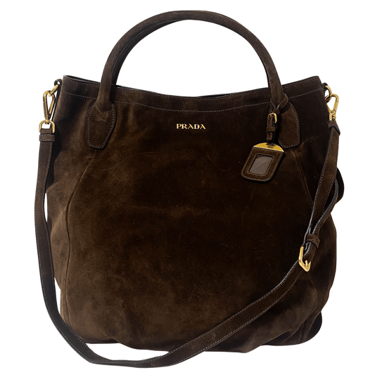 PRADA Brown Suede Large Handbag with Crossbody Strap, in , Sold by HIVE PRELOVED - Crossbody bags, Handle Bags,