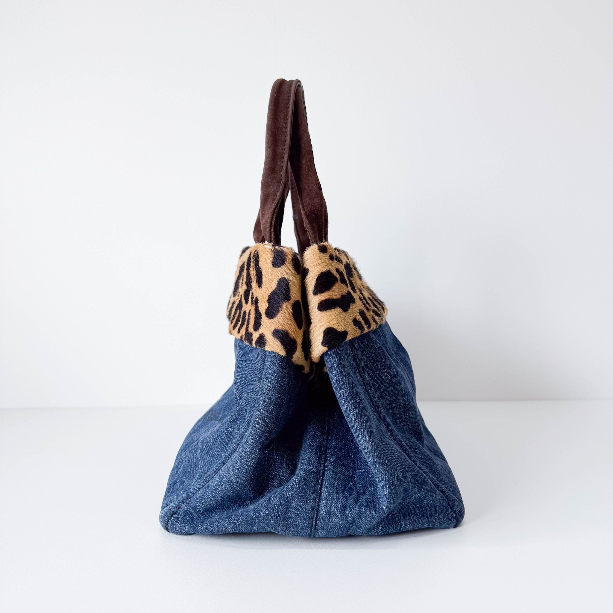 PRADA Canapa Blue Denim with Leopard Pony Hair Hand Bag, in , Sold by HIVE PRELOVED - Shoulder Bags, ,