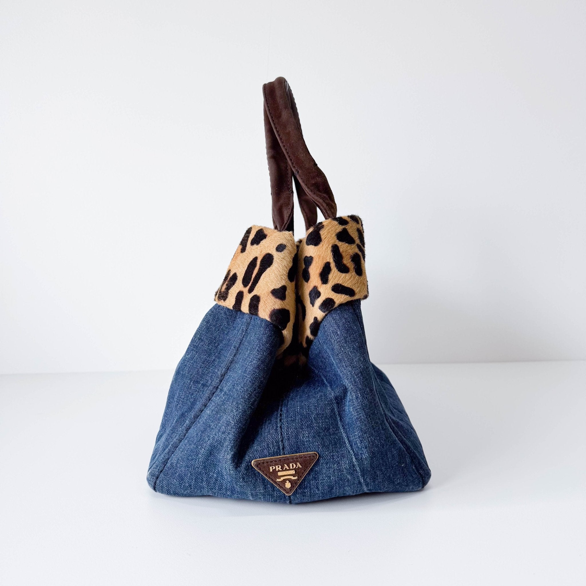 PRADA Canapa Blue Denim with Leopard Pony Hair Hand Bag, in , Sold by HIVE PRELOVED - Shoulder Bags, ,