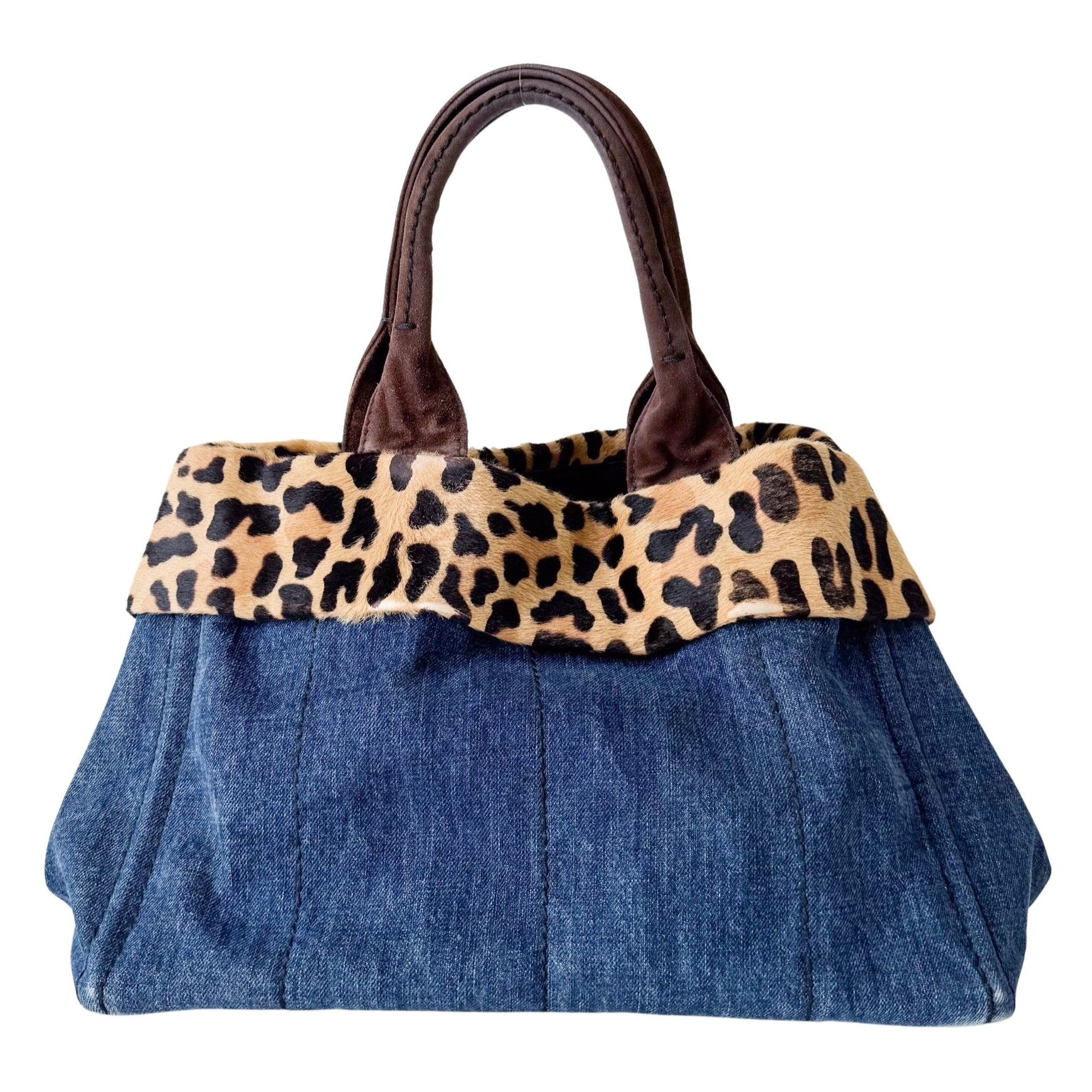 PRADA Canapa Blue Denim with Leopard Pony Hair Hand Bag, in , Sold by HIVE PRELOVED - Shoulder Bags, ,