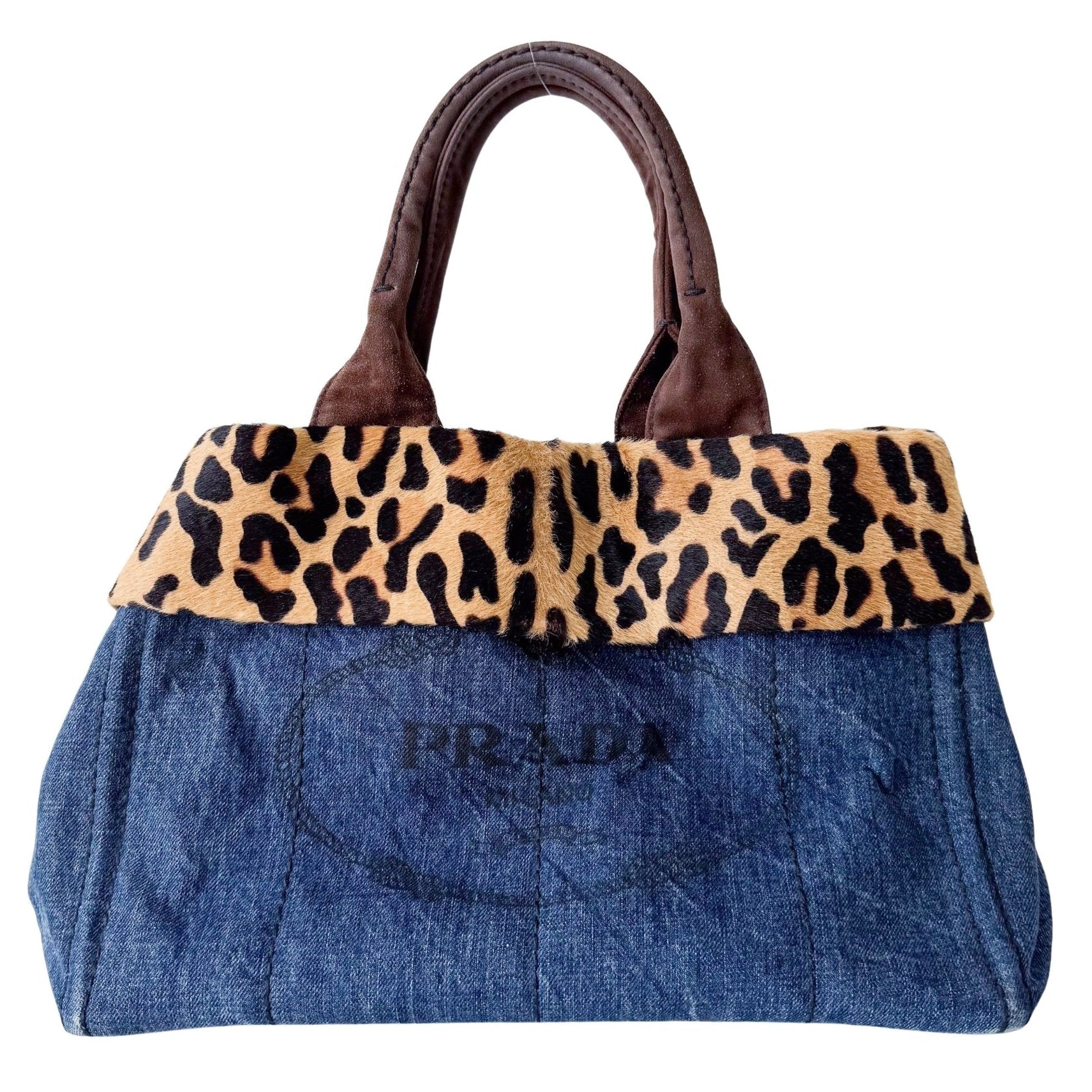 PRADA Canapa Blue Denim with Leopard Pony Hair Hand Bag, in , Sold by HIVE PRELOVED - Shoulder Bags, ,