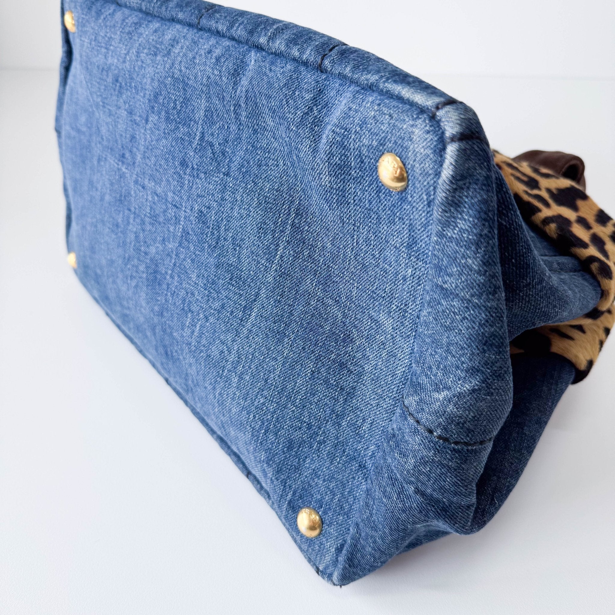 PRADA Canapa Blue Denim with Leopard Pony Hair Hand Bag, in , Sold by HIVE PRELOVED - Shoulder Bags, ,