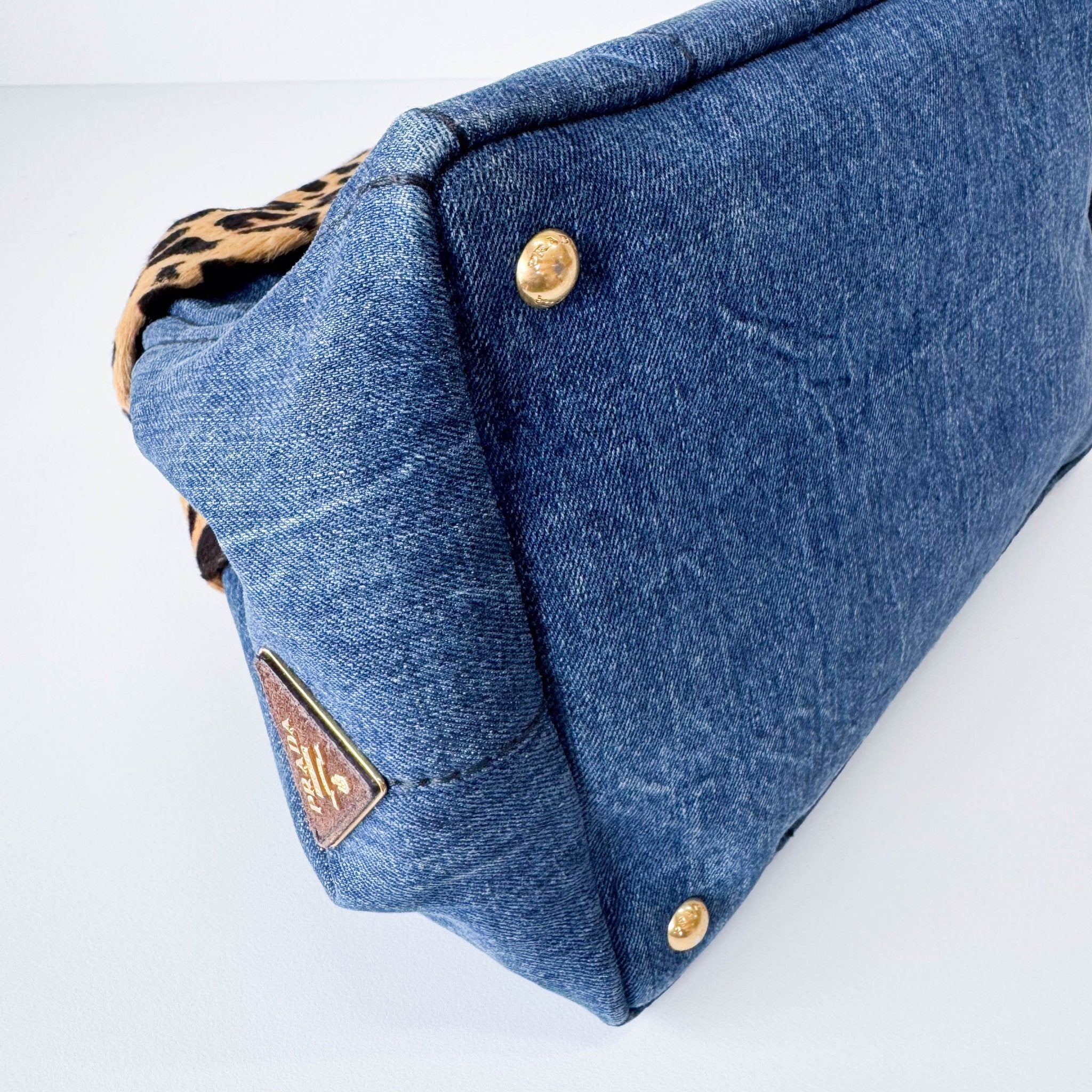 PRADA Canapa Blue Denim with Leopard Pony Hair Hand Bag, in , Sold by HIVE PRELOVED - Shoulder Bags, ,