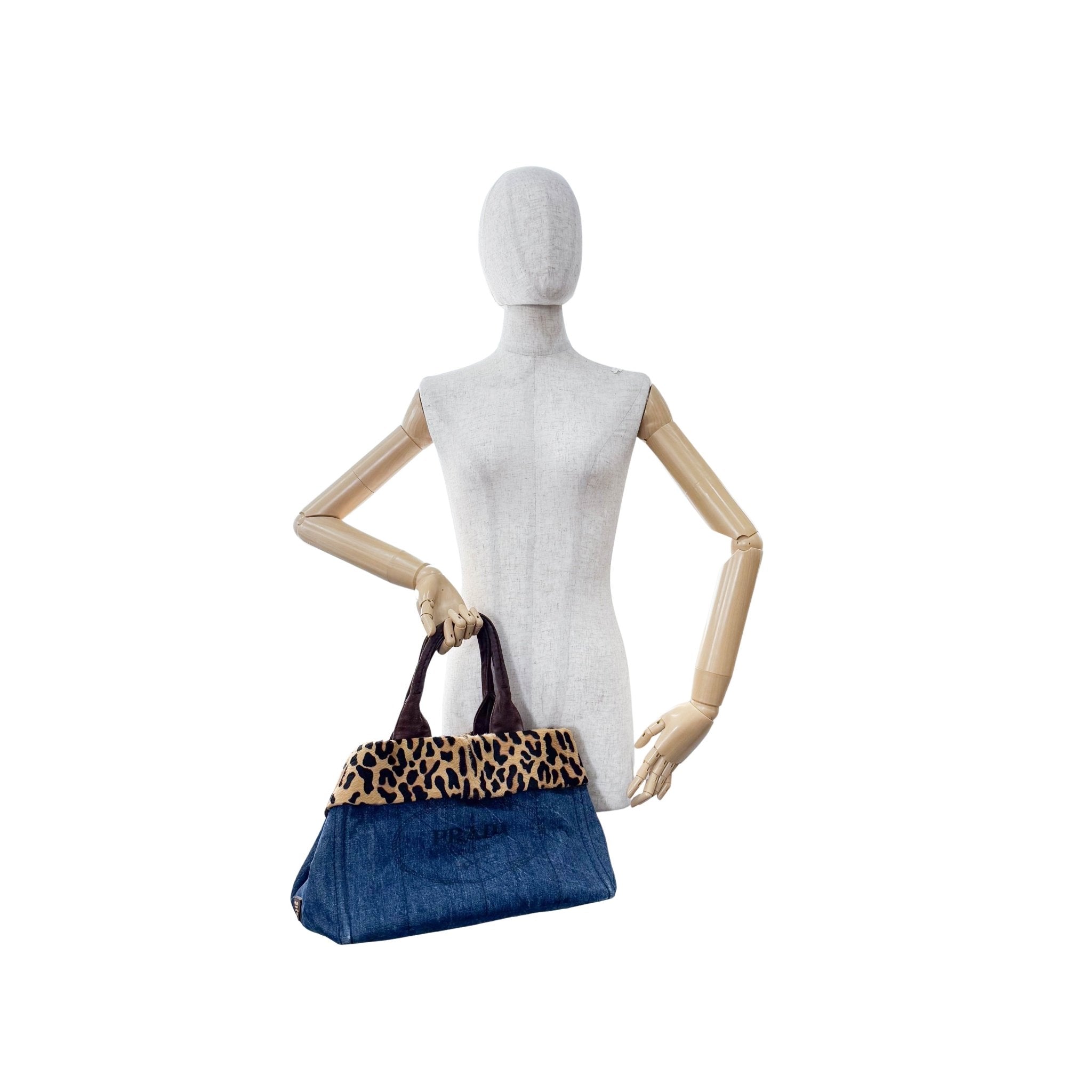 PRADA Canapa Blue Denim with Leopard Pony Hair Hand Bag, in , Sold by HIVE PRELOVED - Shoulder Bags, ,