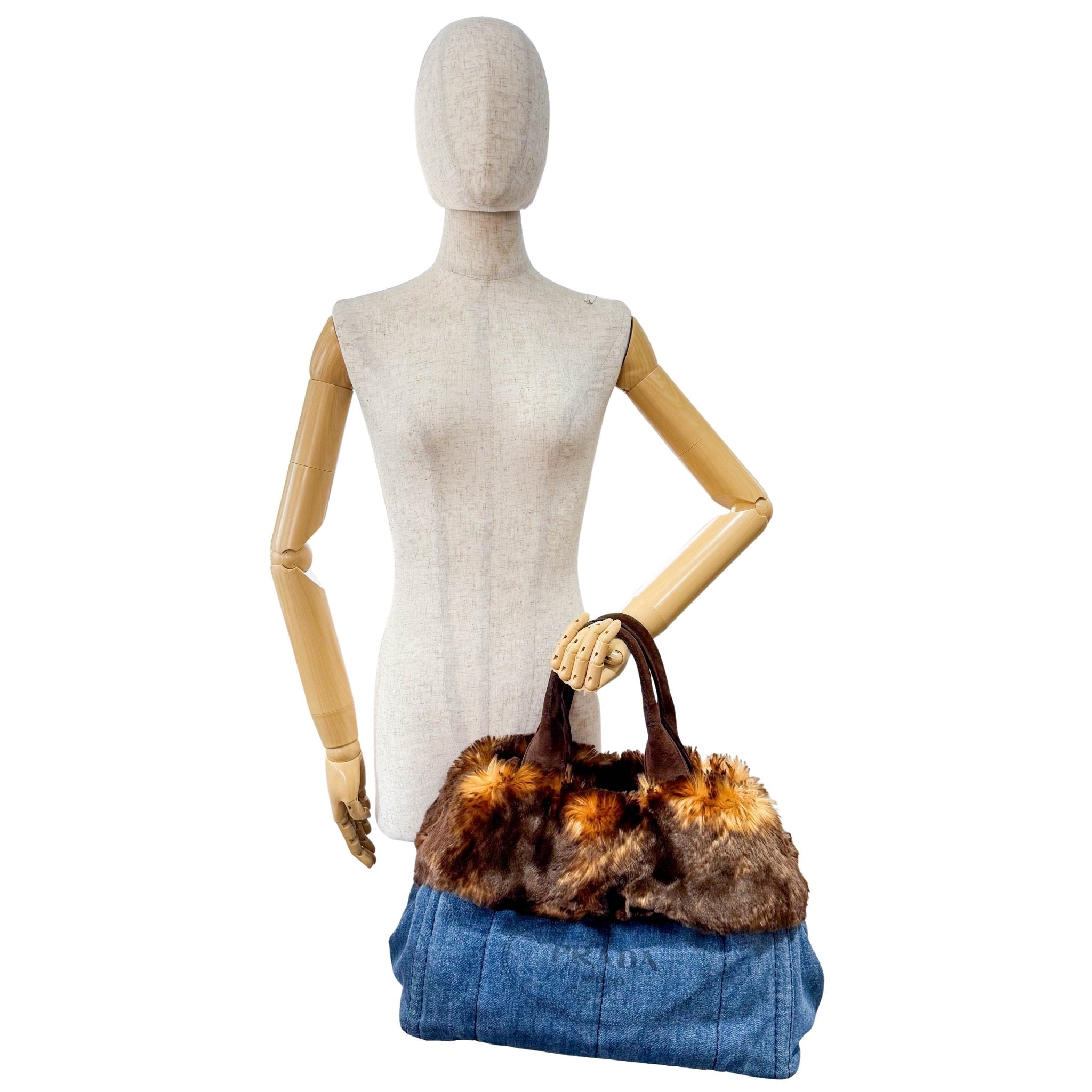 PRADA Canapa Fur & Denim Tote Handle Bag, in , Sold by HIVE PRELOVED - Handle Bags, ,
