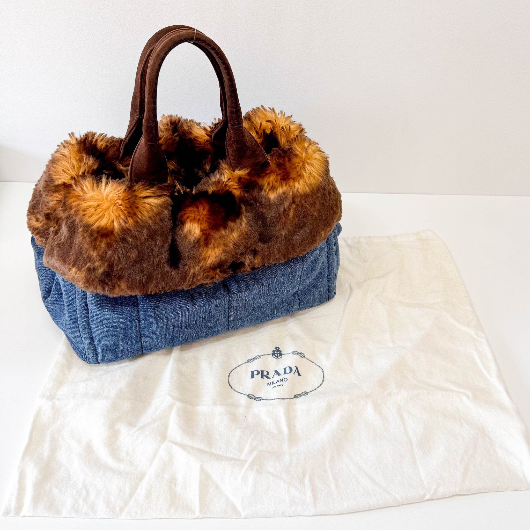 PRADA Canapa Fur & Denim Tote Handle Bag, in , Sold by HIVE PRELOVED - Handle Bags, ,