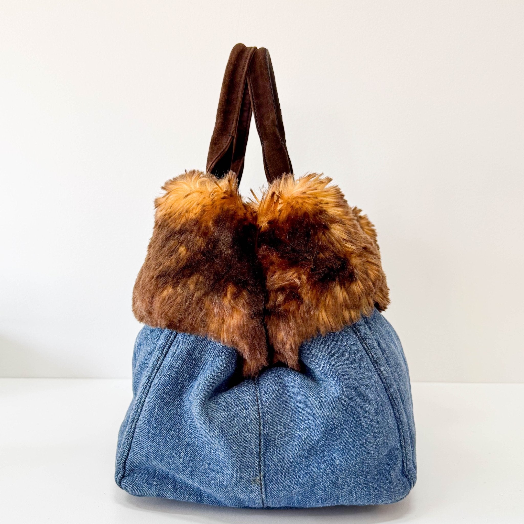 PRADA Canapa Fur & Denim Tote Handle Bag, in , Sold by HIVE PRELOVED - Handle Bags, ,