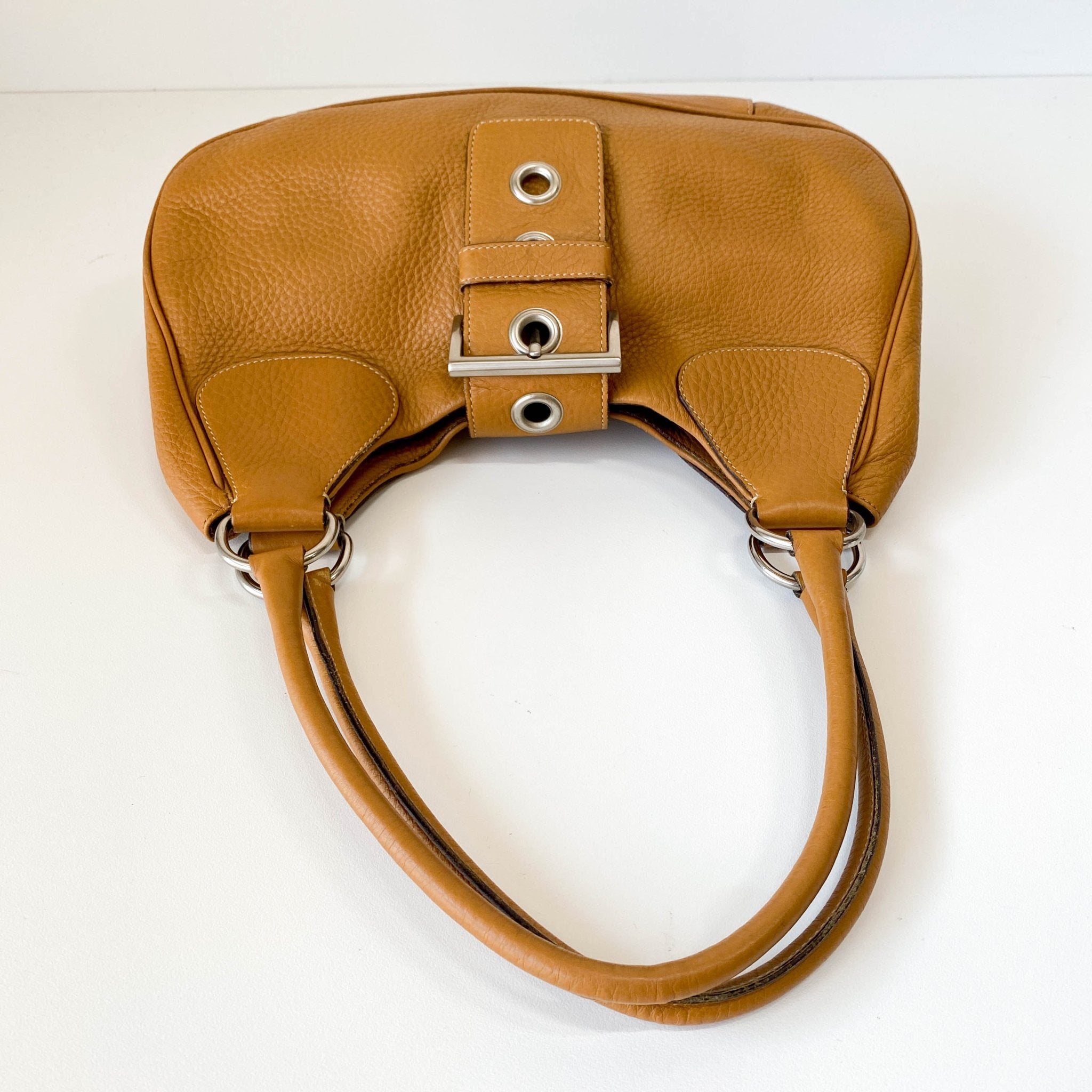PRADA Caramel Brown Belt Buckle Leather Shoulder Bag, in , Sold by HIVE PRELOVED - Shoulder Bags, ,