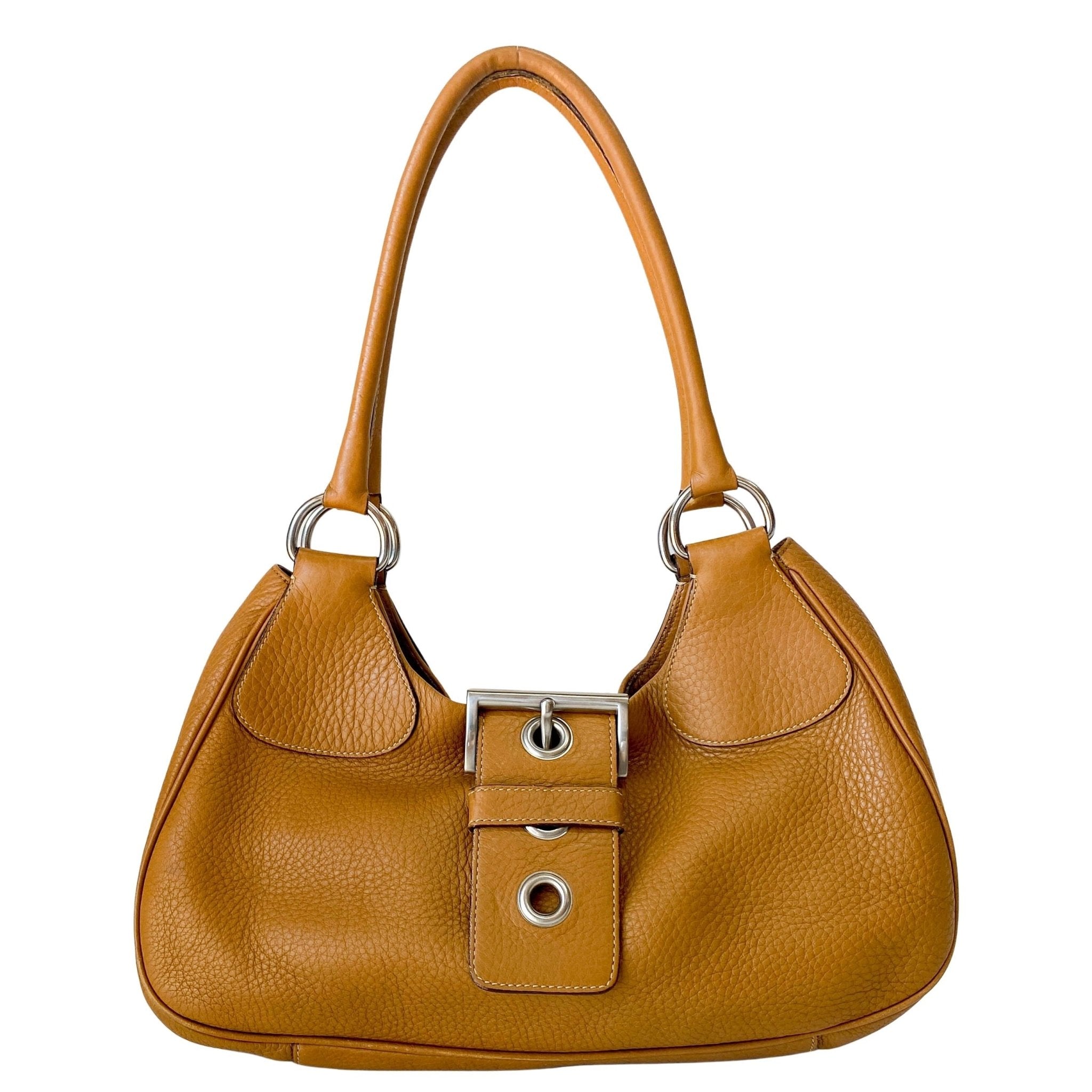 PRADA Caramel Brown Belt Buckle Leather Shoulder Bag, in , Sold by HIVE PRELOVED - Shoulder Bags, ,