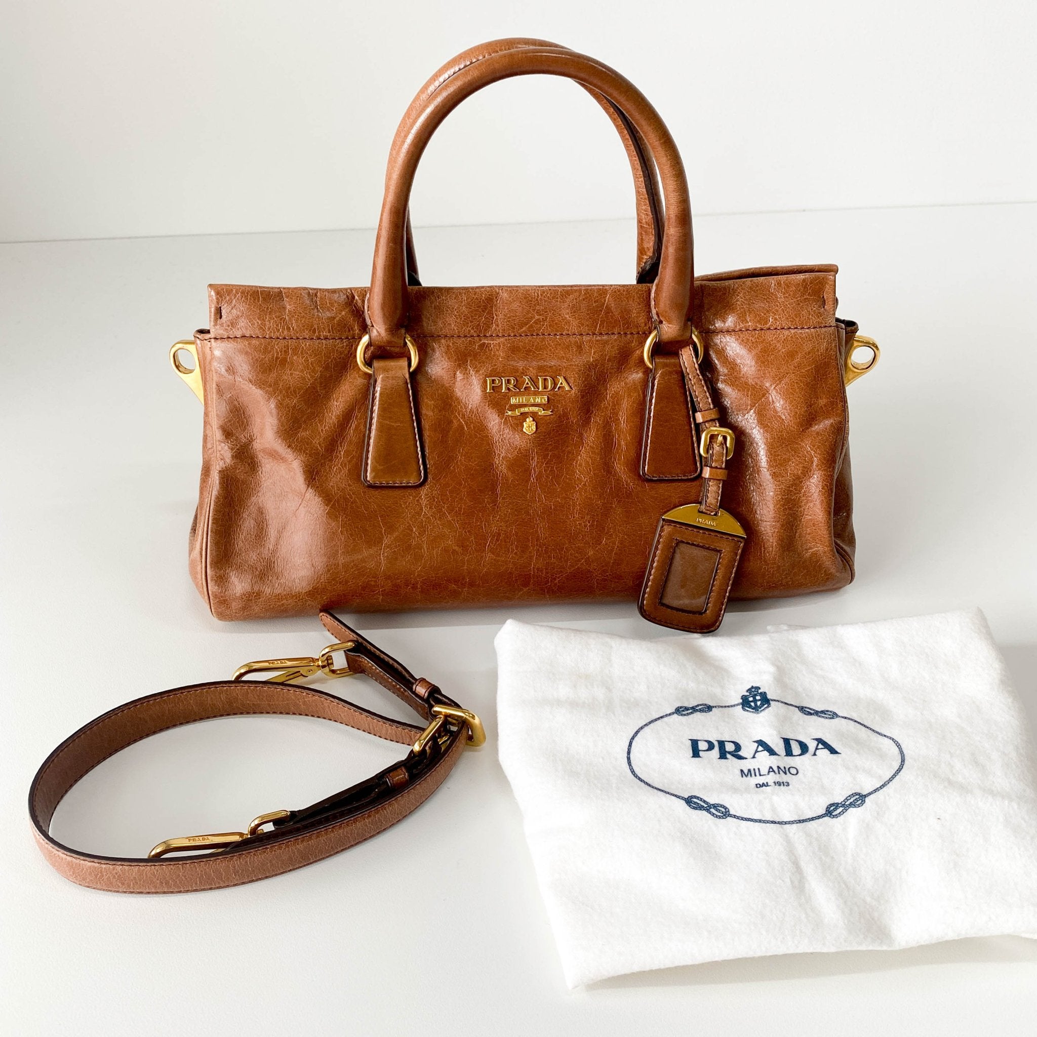 PRADA Caramel Brown Leather Boston Handle Bag, in , Sold by HIVE PRELOVED - Handle Bags, ,