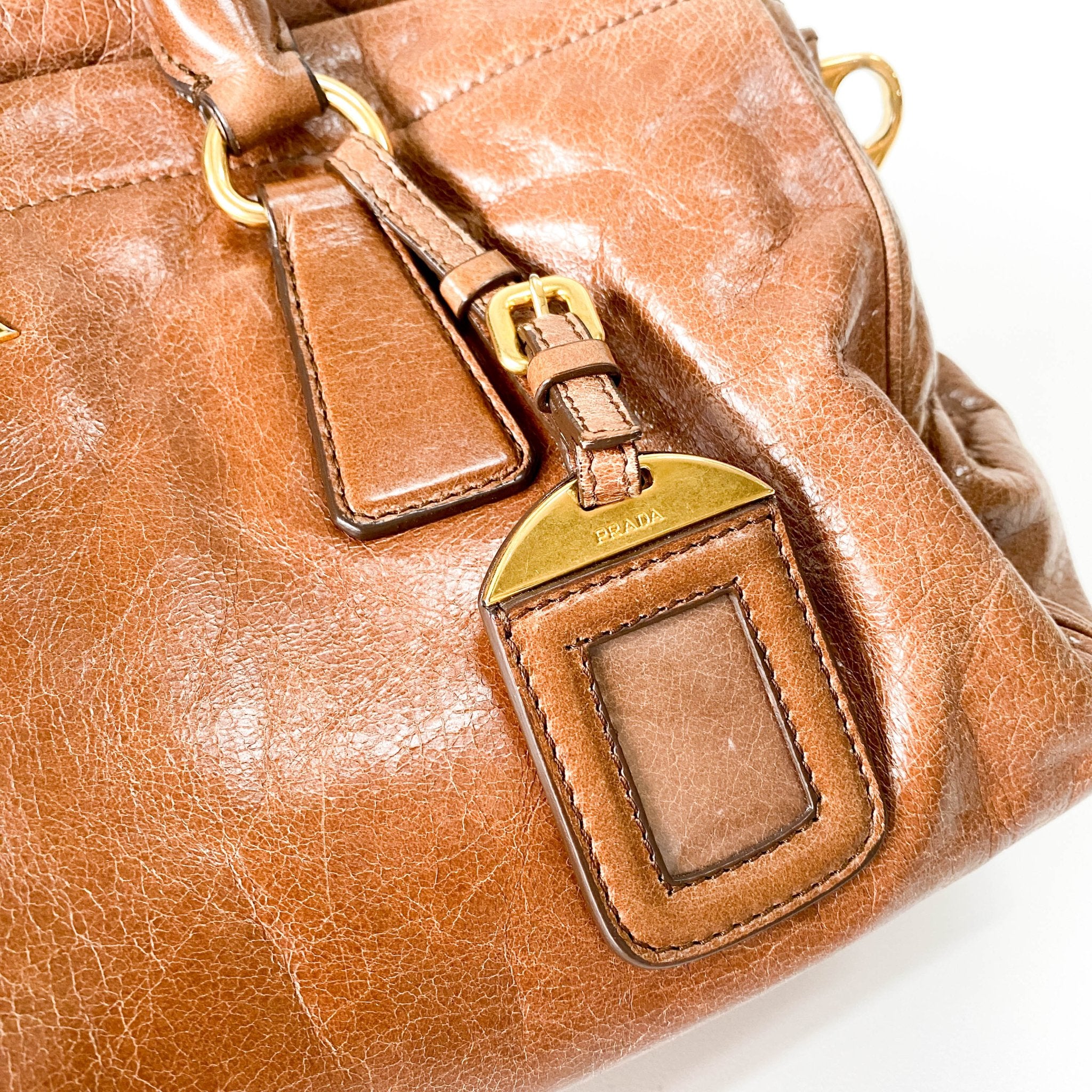 PRADA Caramel Brown Leather Boston Handle Bag, in , Sold by HIVE PRELOVED - Handle Bags, ,