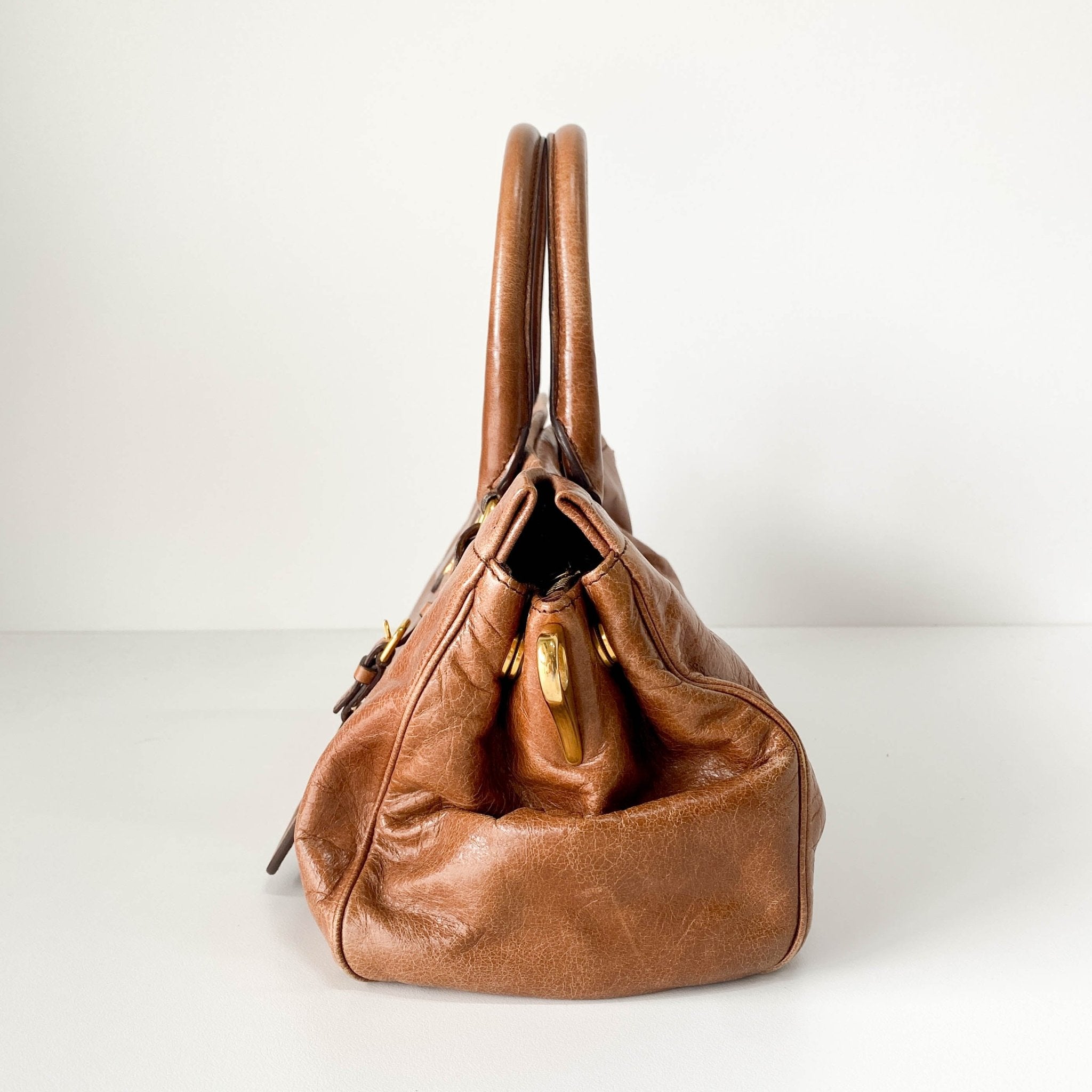 PRADA Caramel Brown Leather Boston Handle Bag, in , Sold by HIVE PRELOVED - Handle Bags, ,