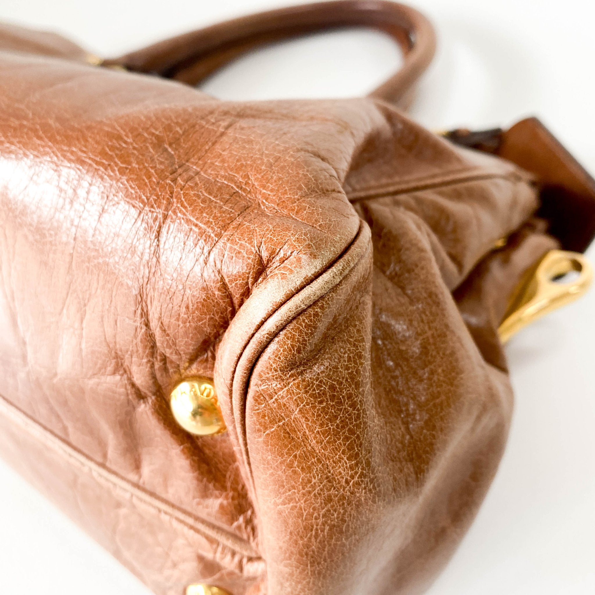 PRADA Caramel Brown Leather Boston Handle Bag, in , Sold by HIVE PRELOVED - Handle Bags, ,