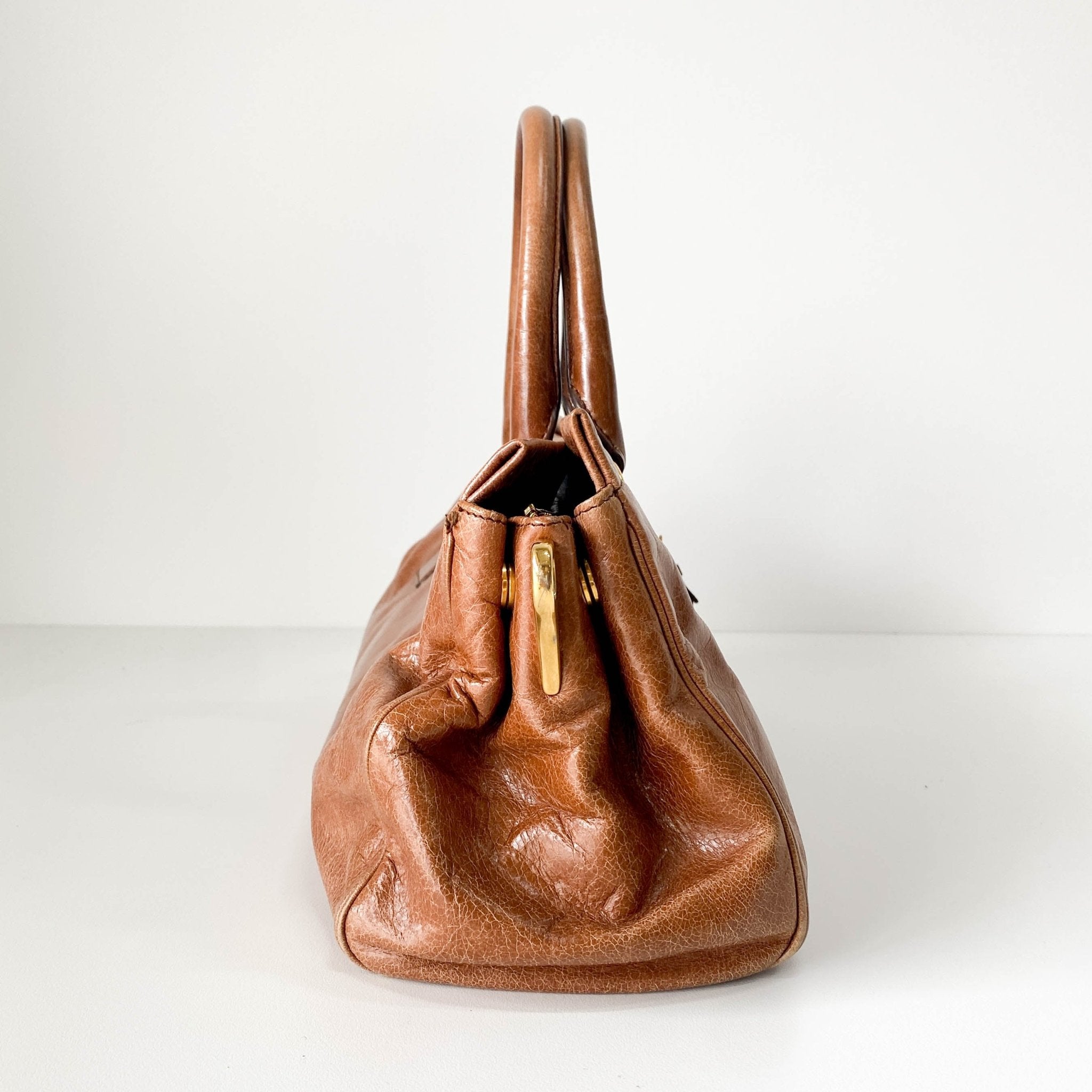 PRADA Caramel Brown Leather Boston Handle Bag, in , Sold by HIVE PRELOVED - Handle Bags, ,