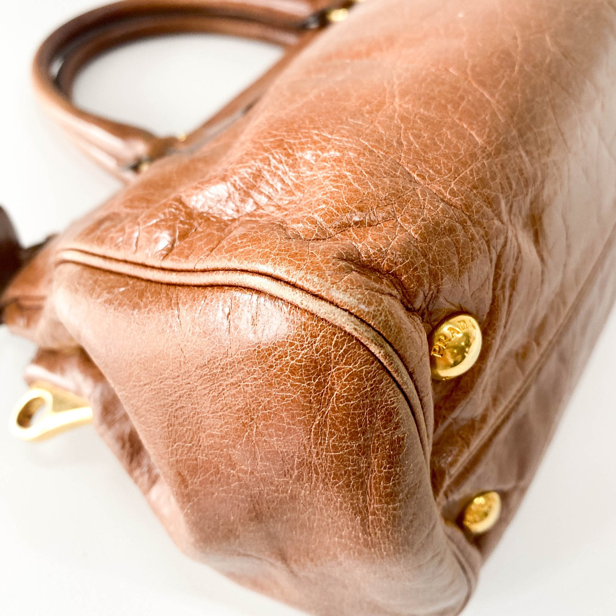 PRADA Caramel Brown Leather Boston Handle Bag, in , Sold by HIVE PRELOVED - Handle Bags, ,