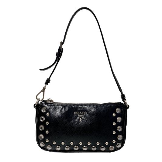 PRADA Crystal Silver Studded Saffiano Vernice Black Leather Mini Shoulder Bag, in , Sold by HIVE PRELOVED - Shoulder Bags, ,