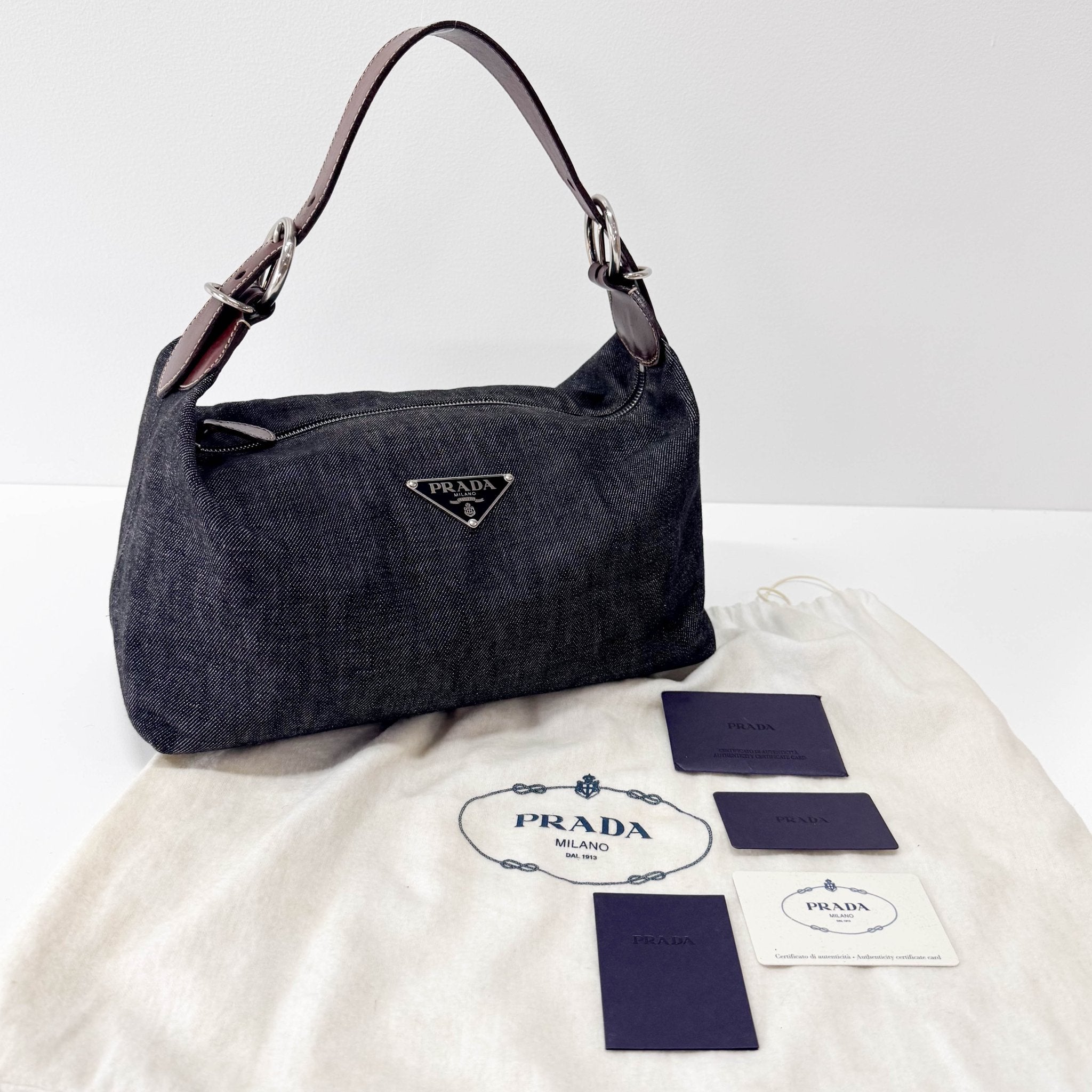 PRADA Denim & Brown Leather Handle Bag, in , Sold by HIVE PRELOVED - Handle Bags, ,