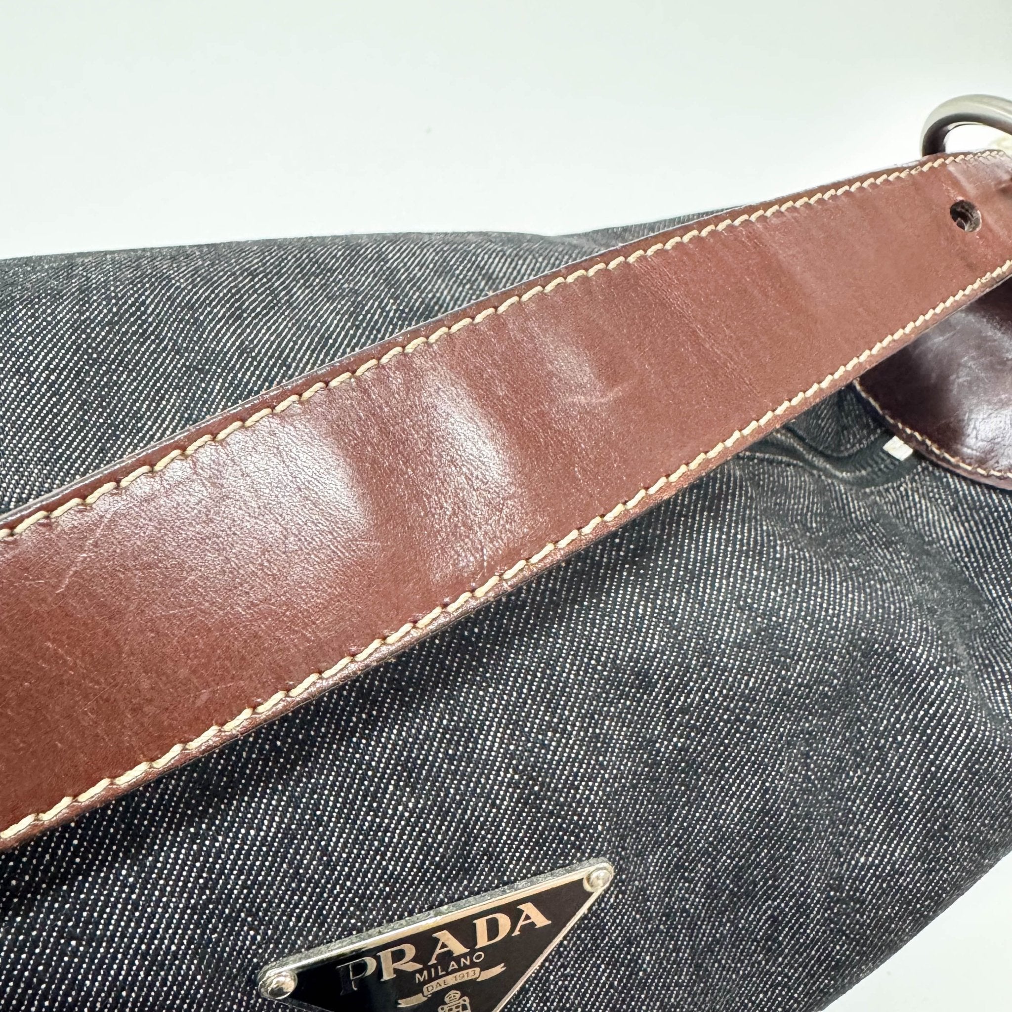 PRADA Denim & Brown Leather Handle Bag, in , Sold by HIVE PRELOVED - Handle Bags, ,