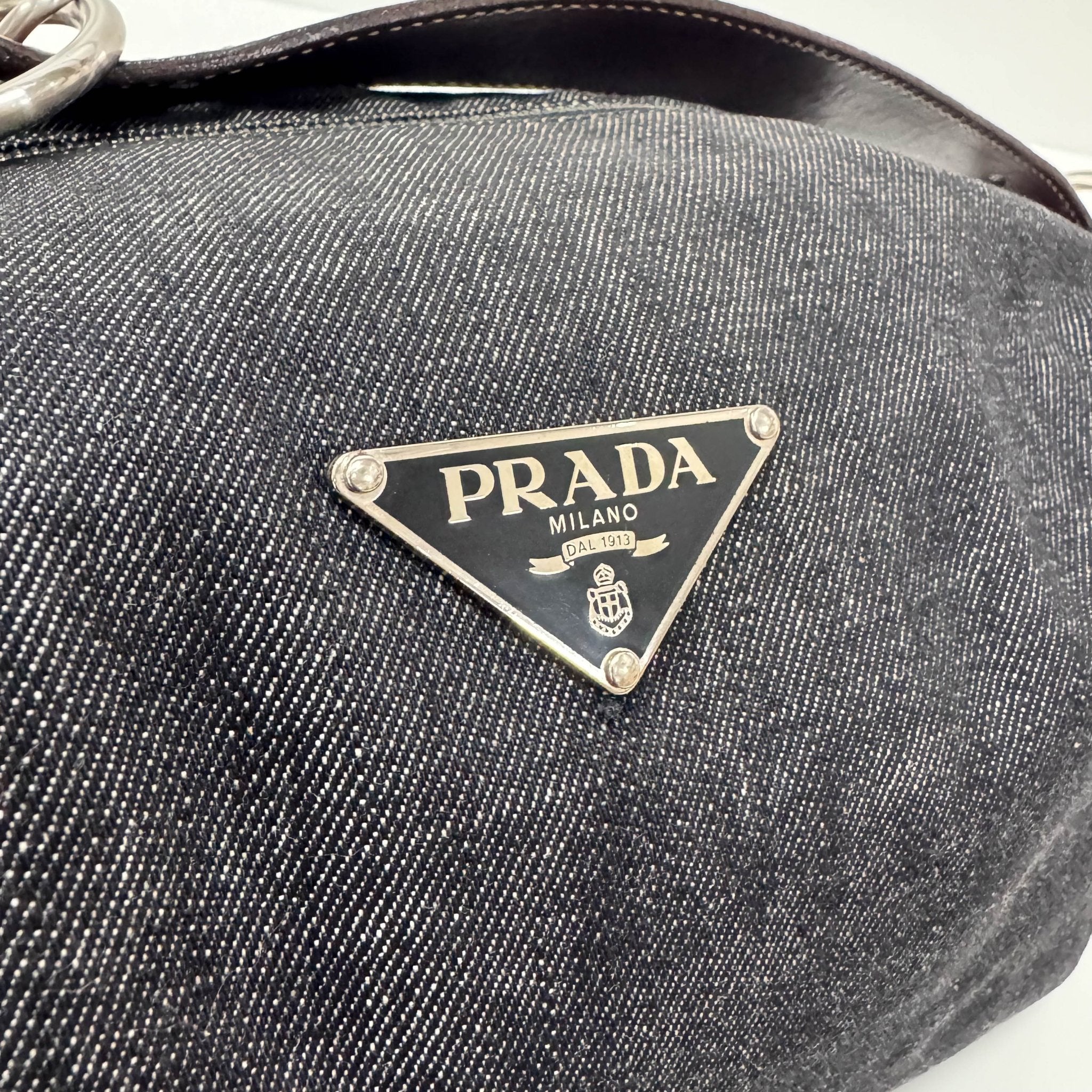 PRADA Denim & Brown Leather Handle Bag, in , Sold by HIVE PRELOVED - Handle Bags, ,