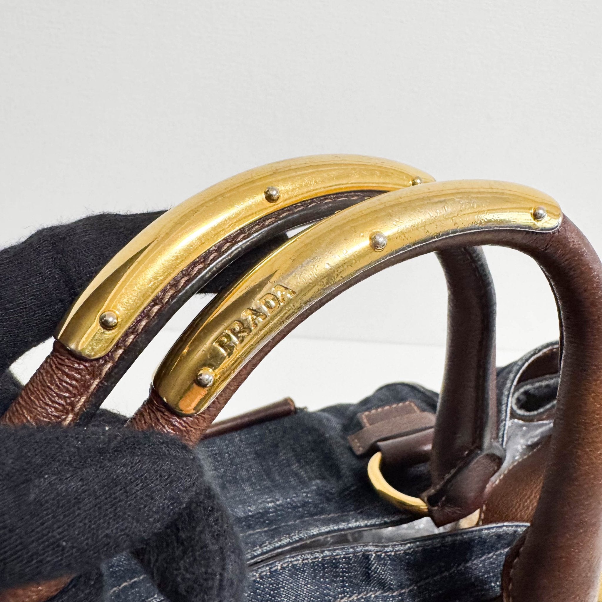 PRADA Denim & Brown Leather Tote Bag, in , Sold by HIVE PRELOVED - Totes, ,