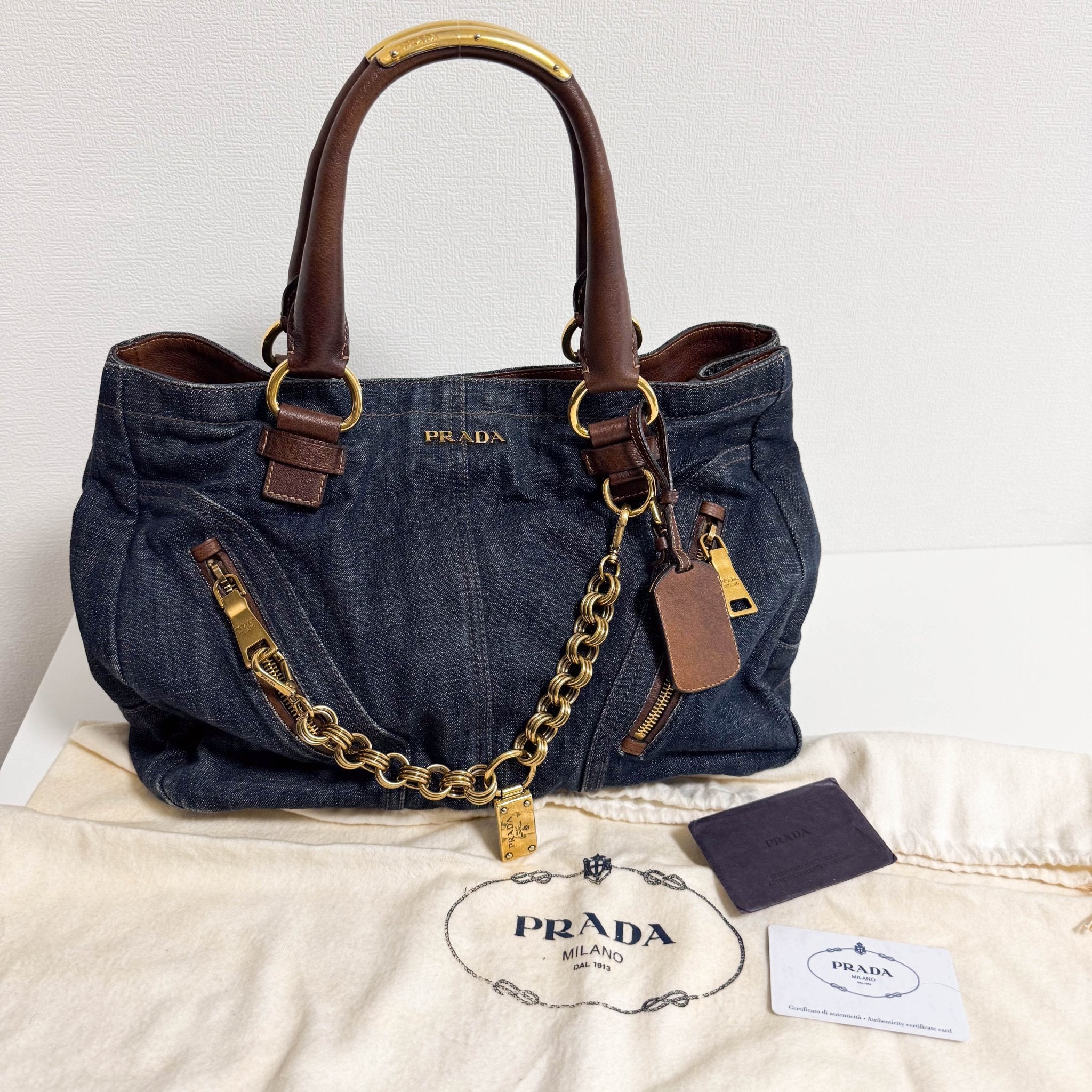PRADA Denim & Brown Leather Tote Bag, in , Sold by HIVE PRELOVED - Totes, ,