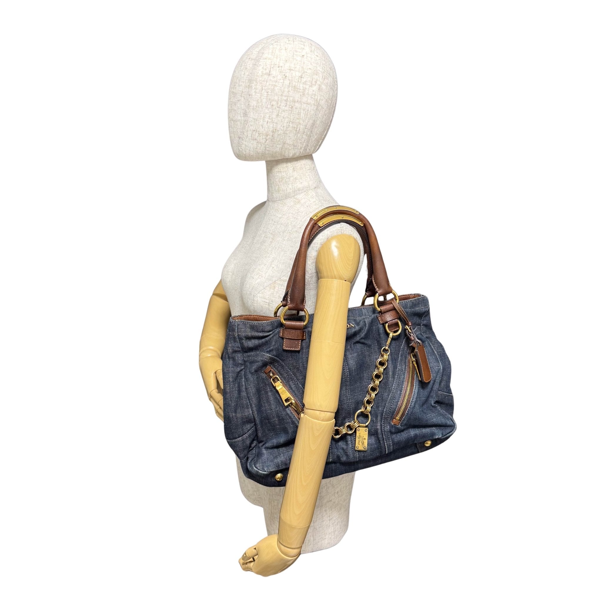 PRADA Denim & Brown Leather Tote Bag, in , Sold by HIVE PRELOVED - Totes, ,