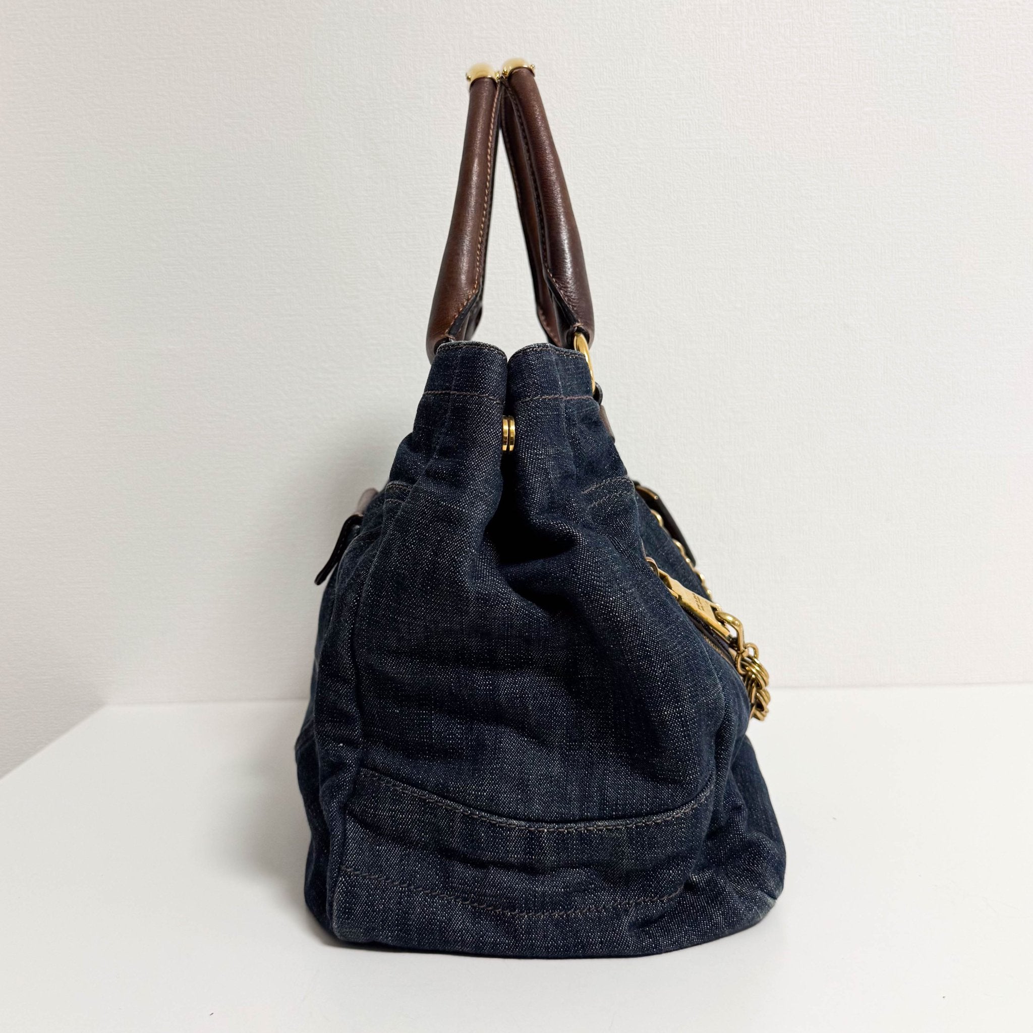 PRADA Denim & Brown Leather Tote Bag, in , Sold by HIVE PRELOVED - Totes, ,