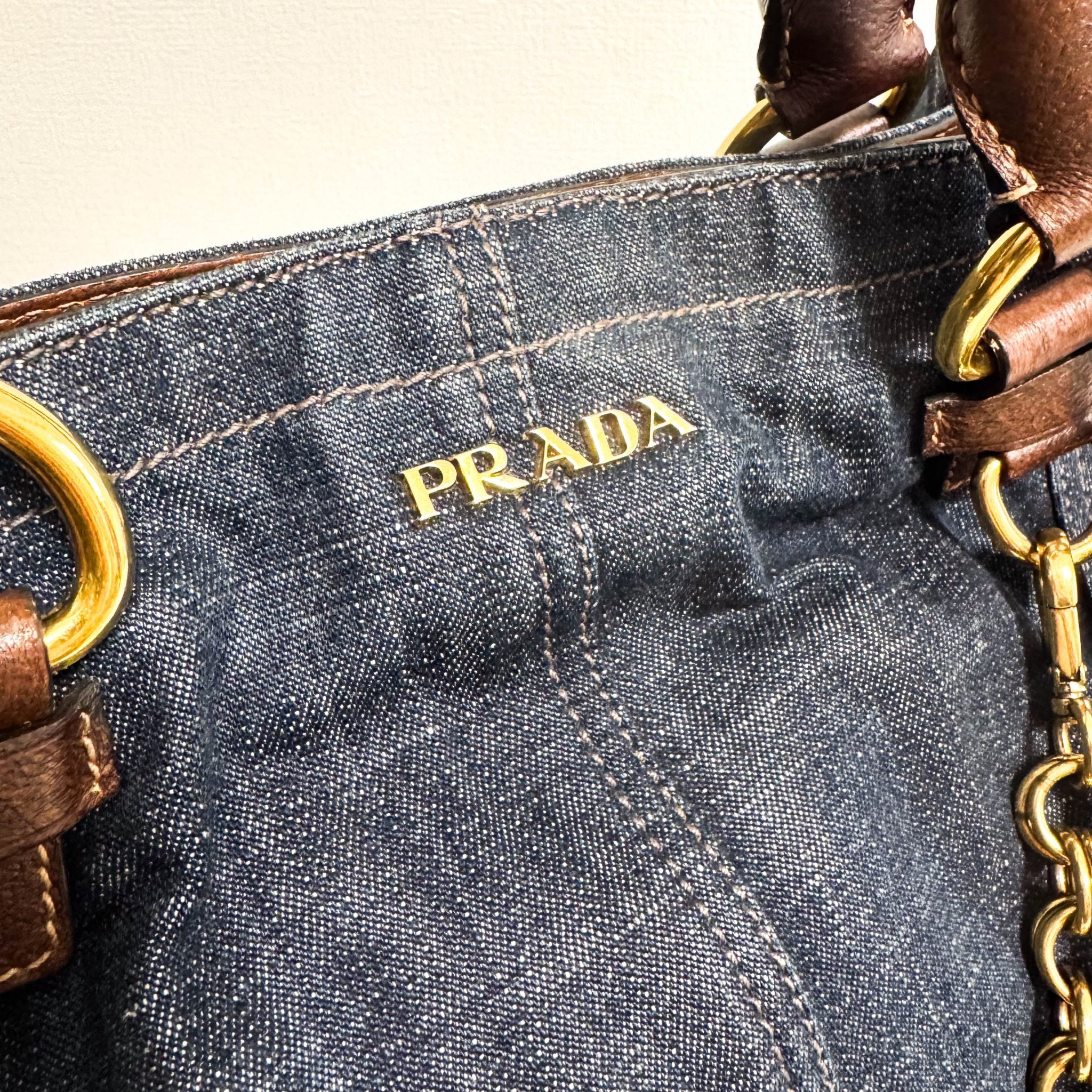 PRADA Denim & Brown Leather Tote Bag, in , Sold by HIVE PRELOVED - Totes, ,