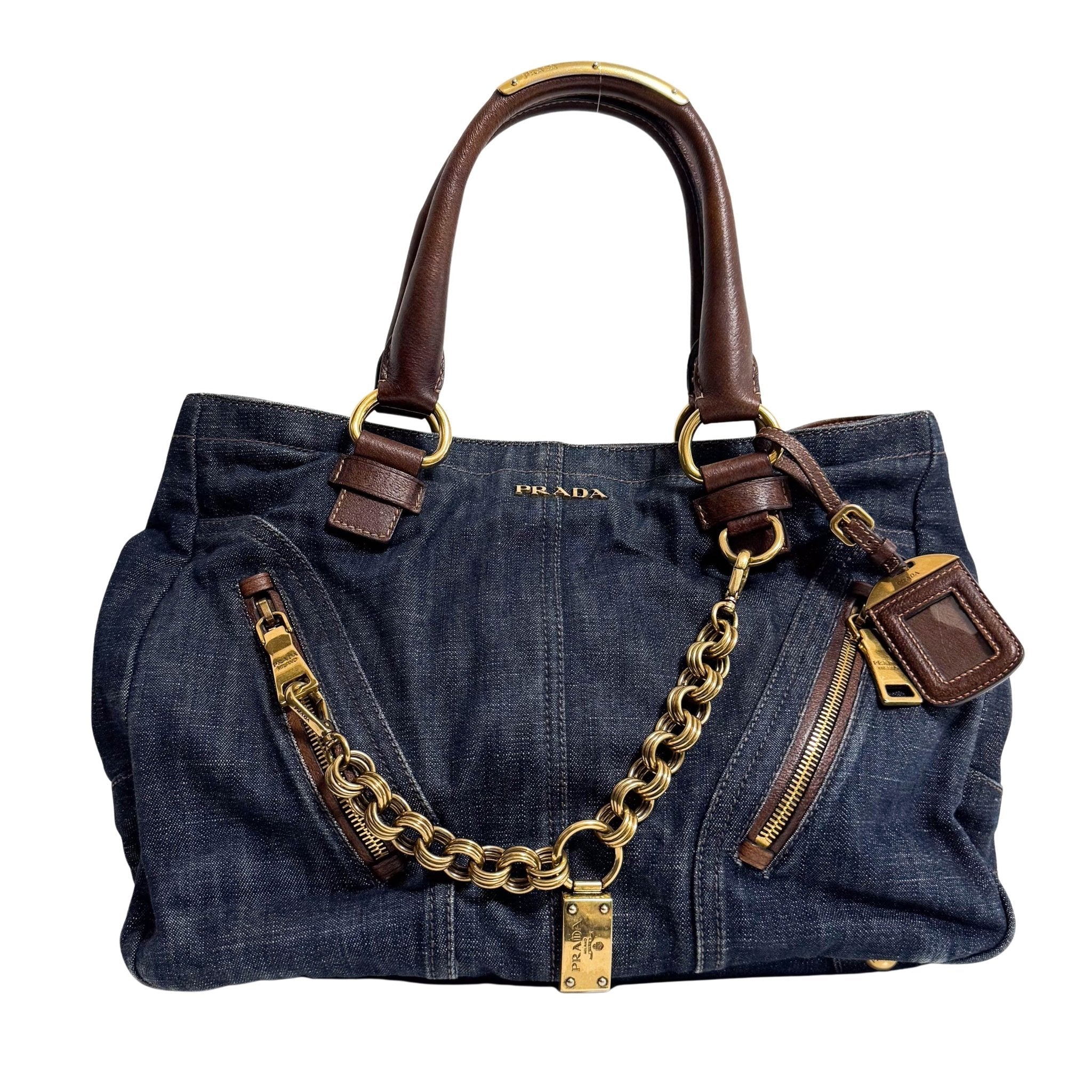 PRADA Denim & Brown Leather Tote Bag, in , Sold by HIVE PRELOVED - Totes, ,