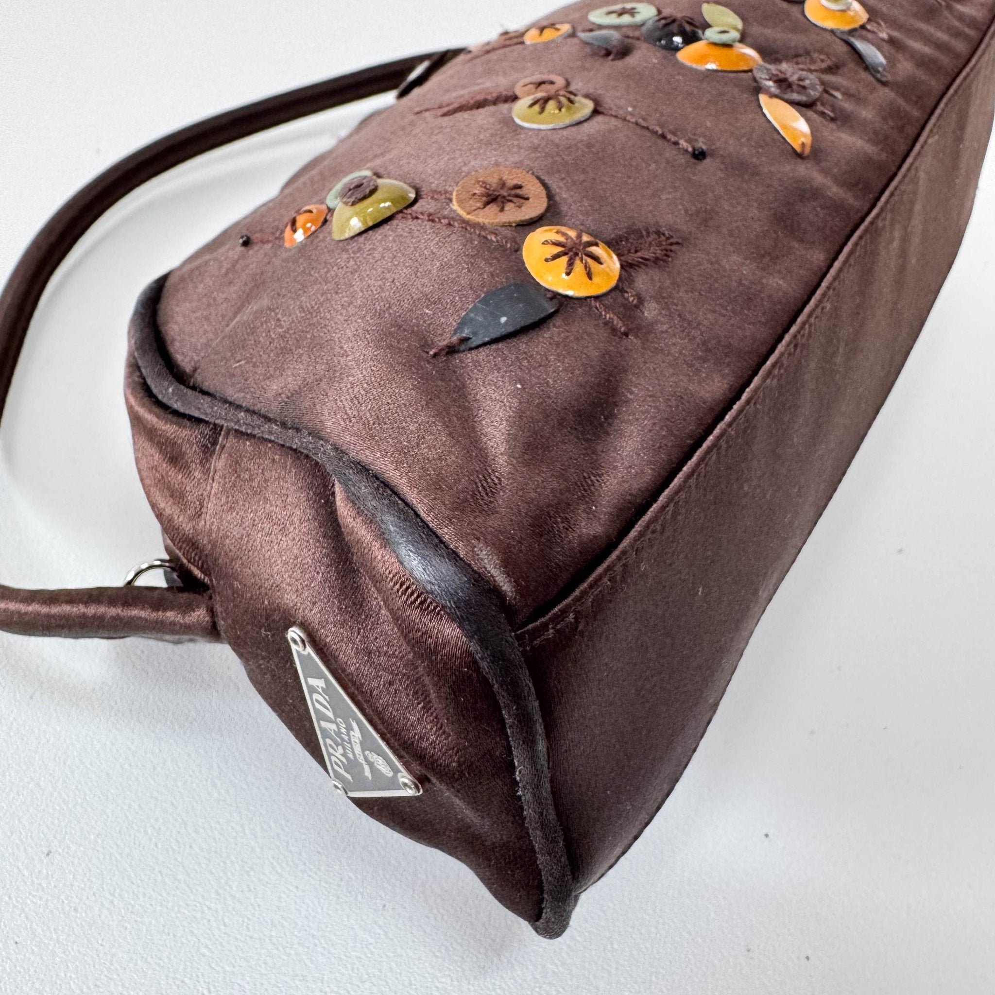 PRADA Embroidered Brown Satin Mini Handle Bag, in , Sold by HIVE PRELOVED - Handle Bags, ,
