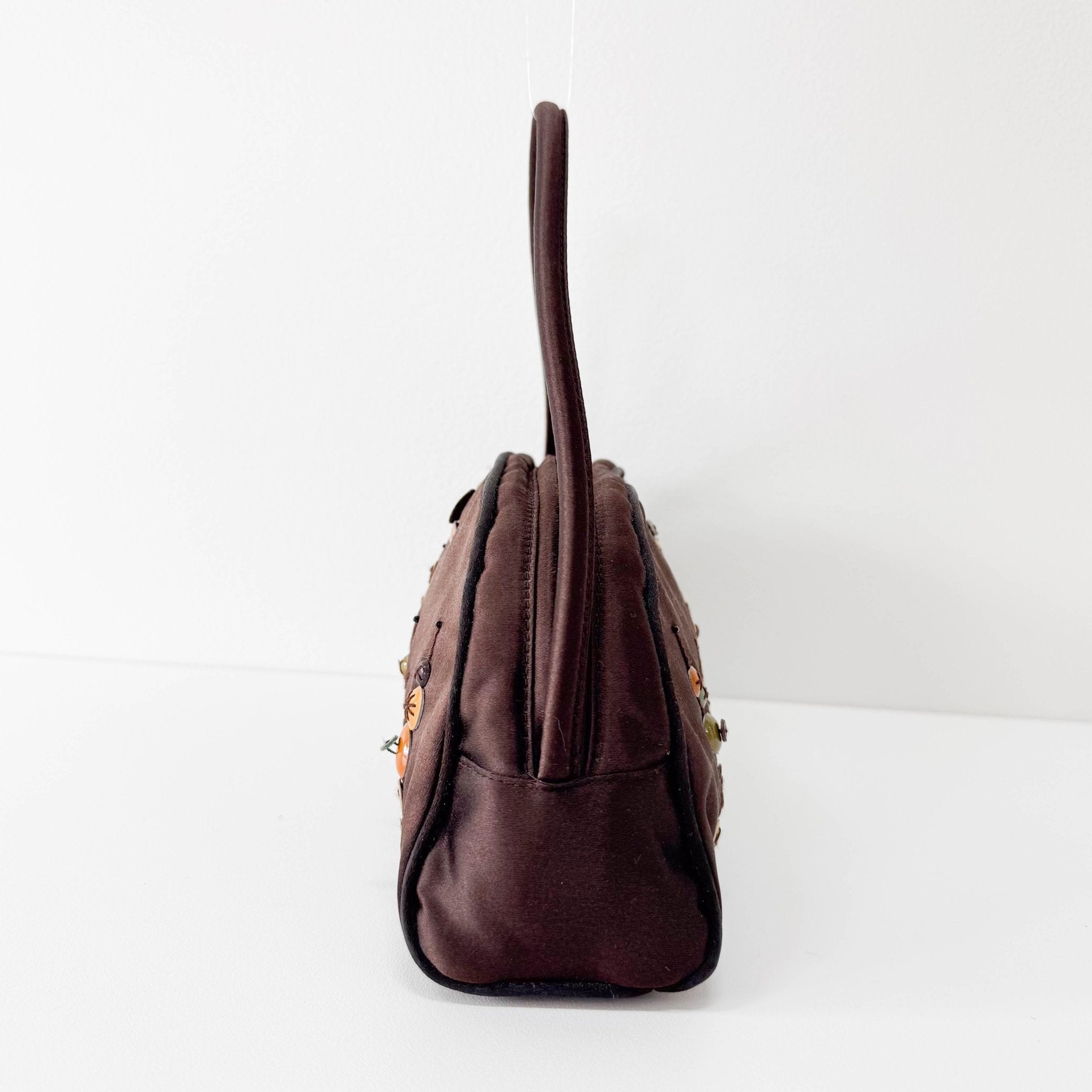 PRADA Embroidered Brown Satin Mini Handle Bag, in , Sold by HIVE PRELOVED - Handle Bags, ,