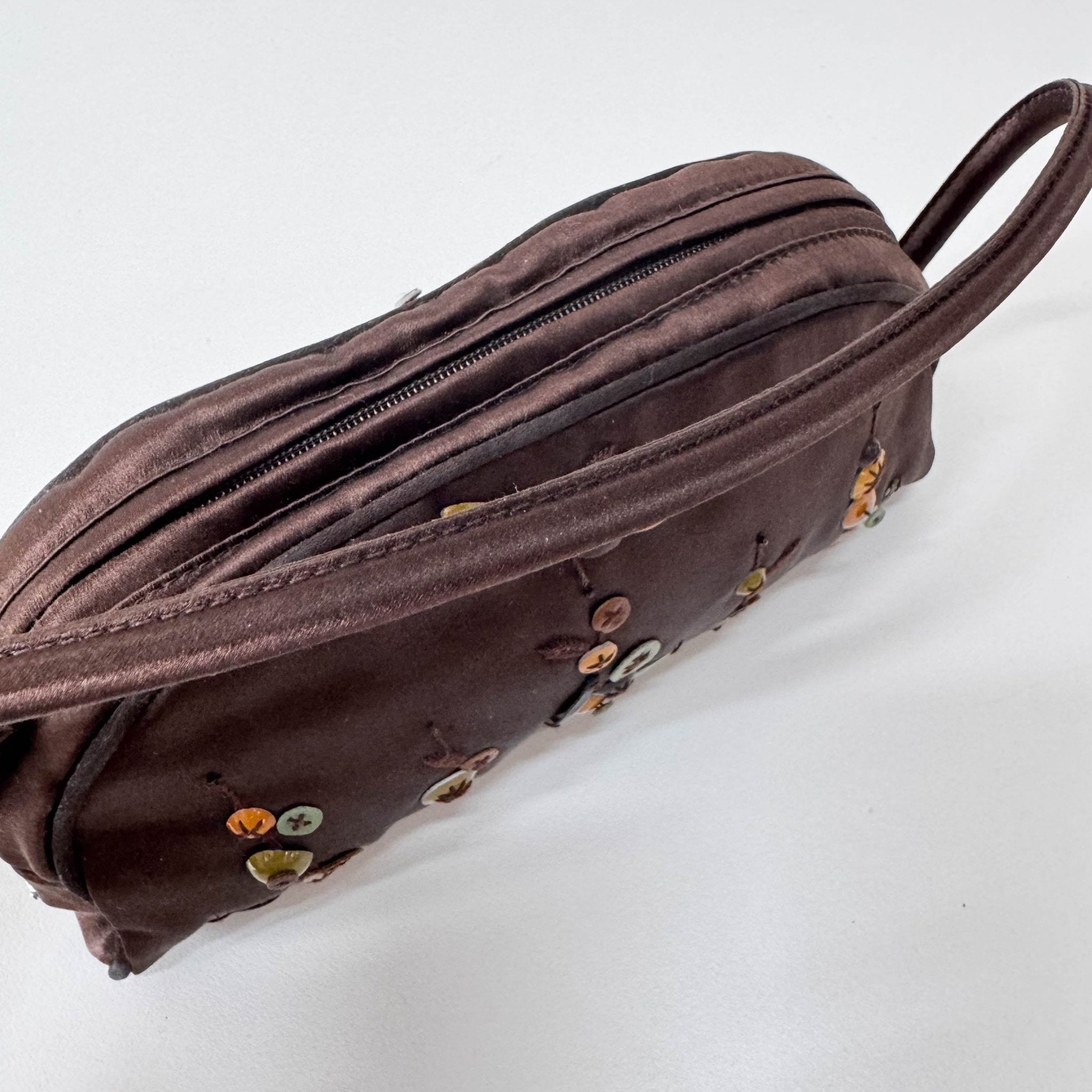 PRADA Embroidered Brown Satin Mini Handle Bag, in , Sold by HIVE PRELOVED - Handle Bags, ,