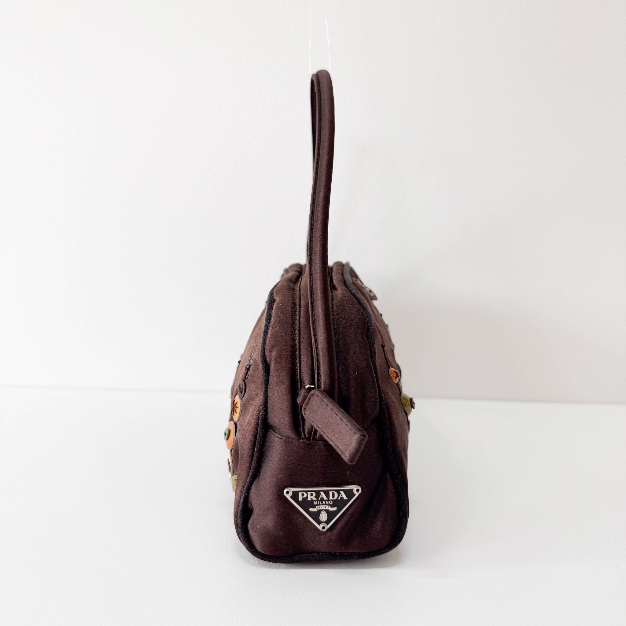 PRADA Embroidered Brown Satin Mini Handle Bag, in , Sold by HIVE PRELOVED - Handle Bags, ,