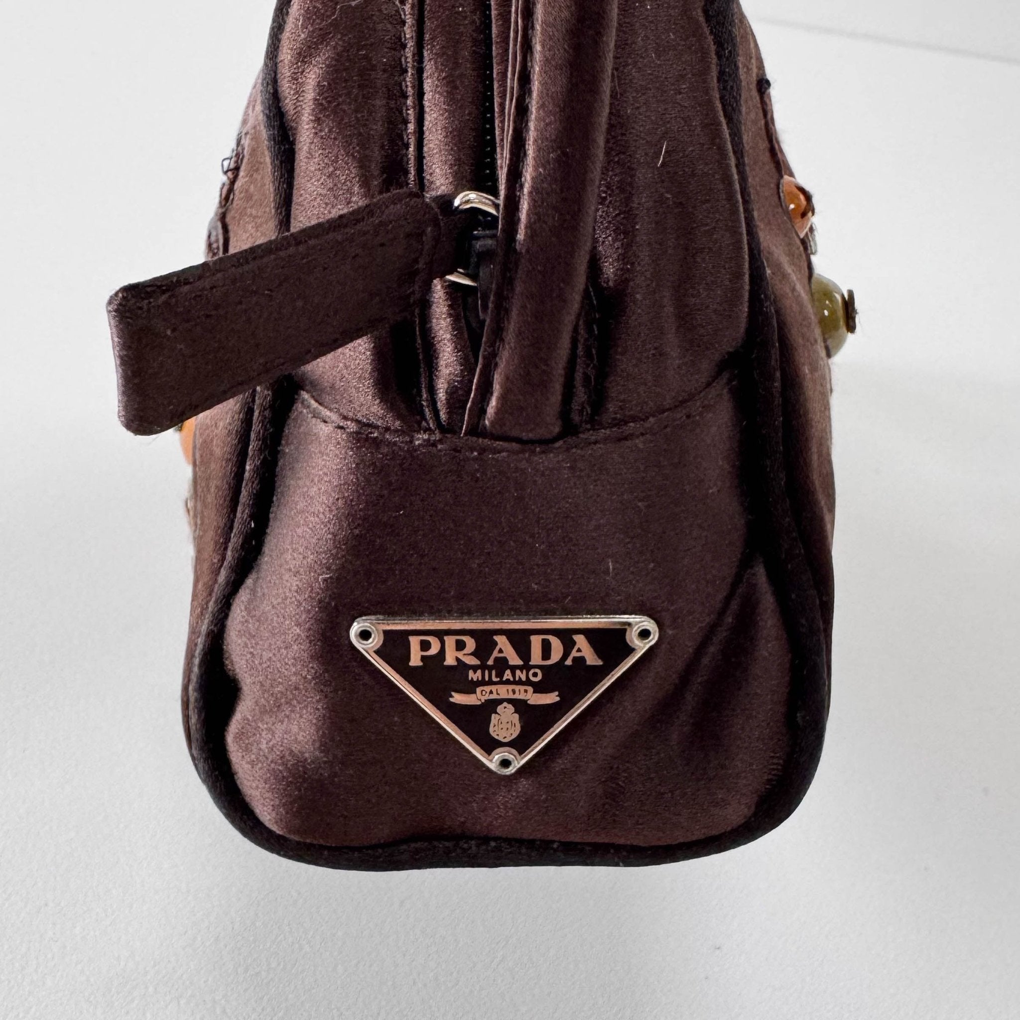 PRADA Embroidered Brown Satin Mini Handle Bag, in , Sold by HIVE PRELOVED - Handle Bags, ,