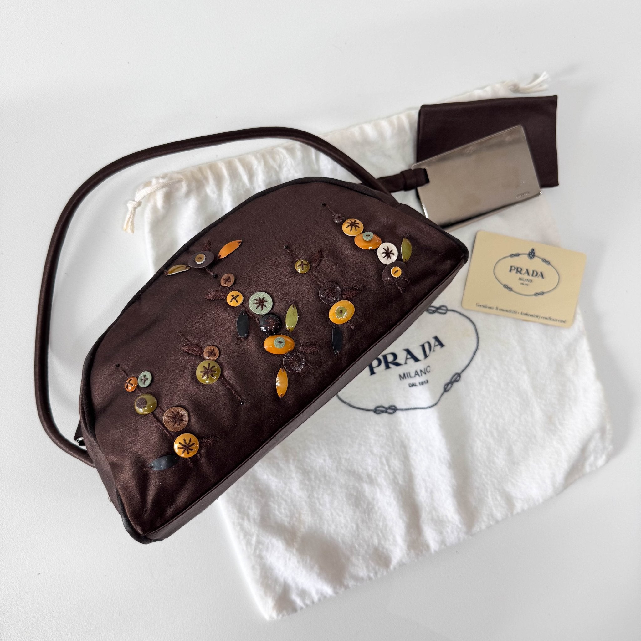 PRADA Embroidered Brown Satin Mini Handle Bag, in , Sold by HIVE PRELOVED - Handle Bags, ,