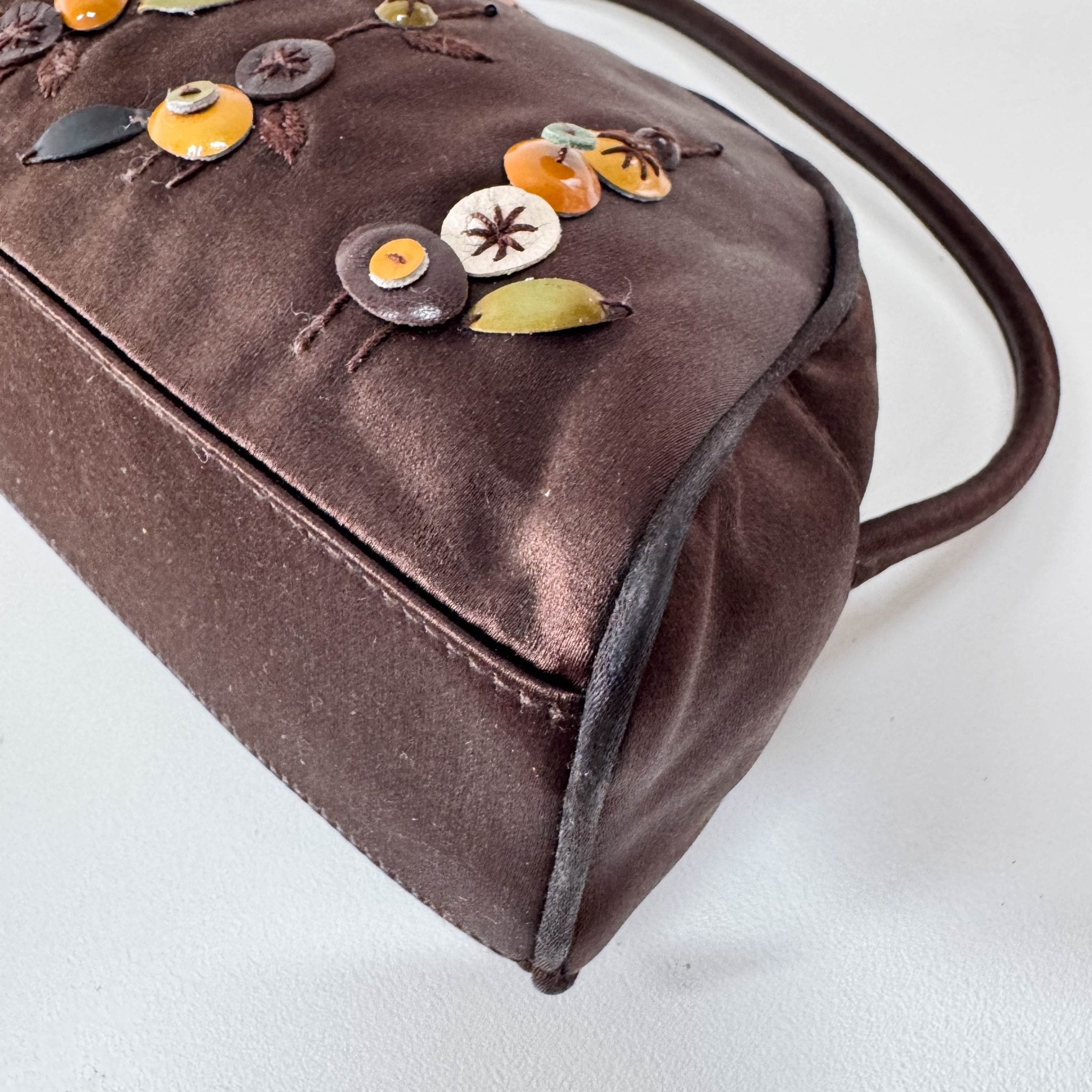 PRADA Embroidered Brown Satin Mini Handle Bag, in , Sold by HIVE PRELOVED - Handle Bags, ,