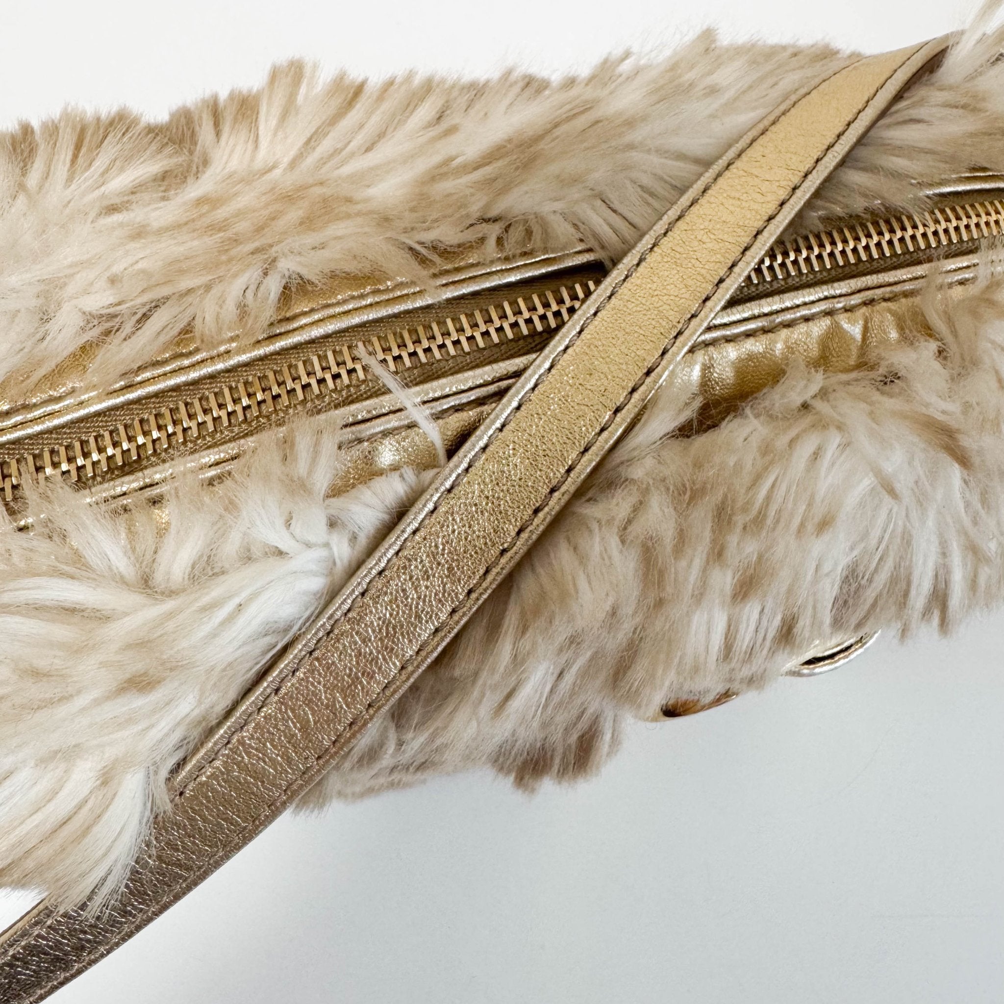 PRADA Faux Fur Gold Leather Shoulder Bag, in , Sold by HIVE PRELOVED - Crossbody bags, Shoulder Bags,