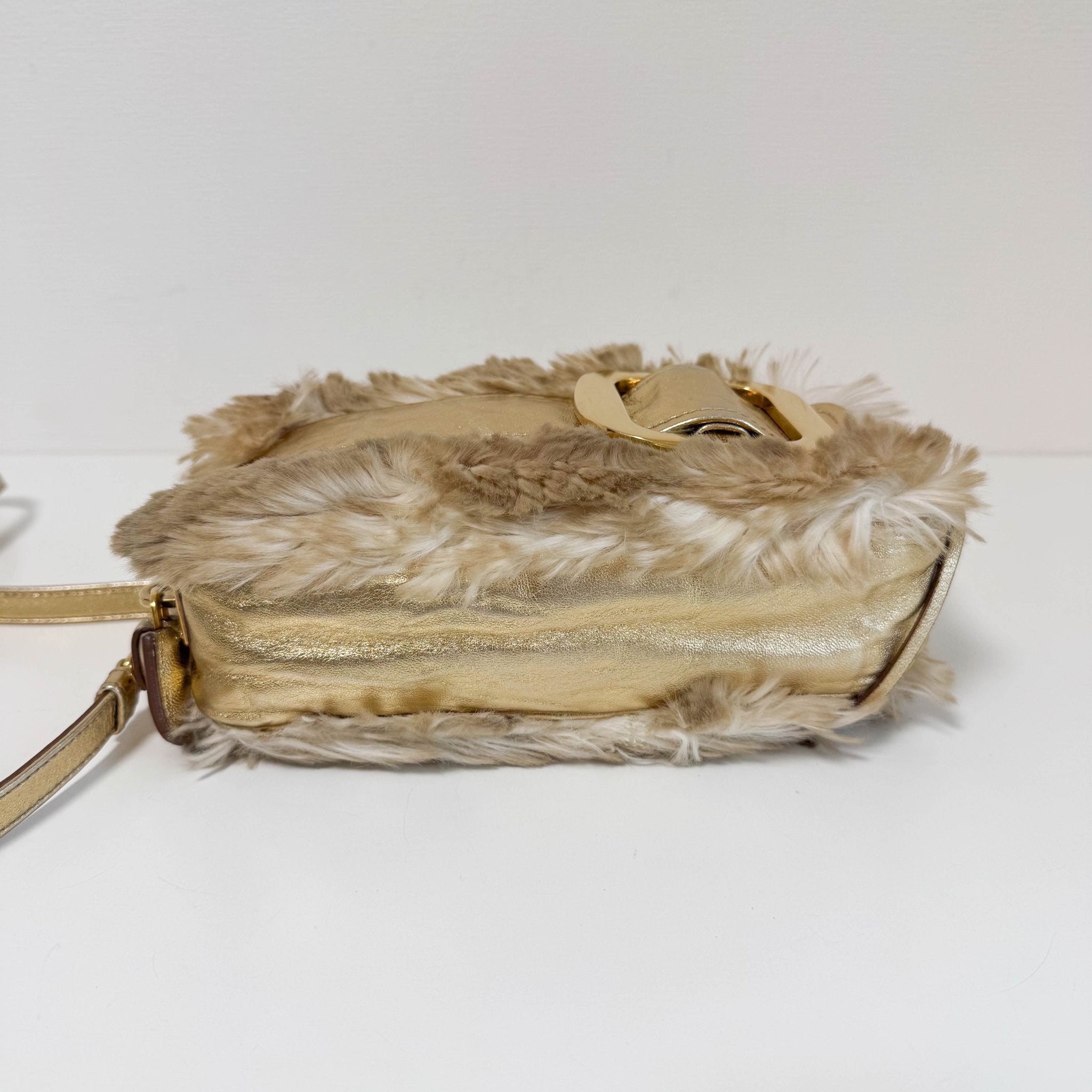 PRADA Faux Fur Gold Leather Shoulder Bag, in , Sold by HIVE PRELOVED - Crossbody bags, Shoulder Bags,
