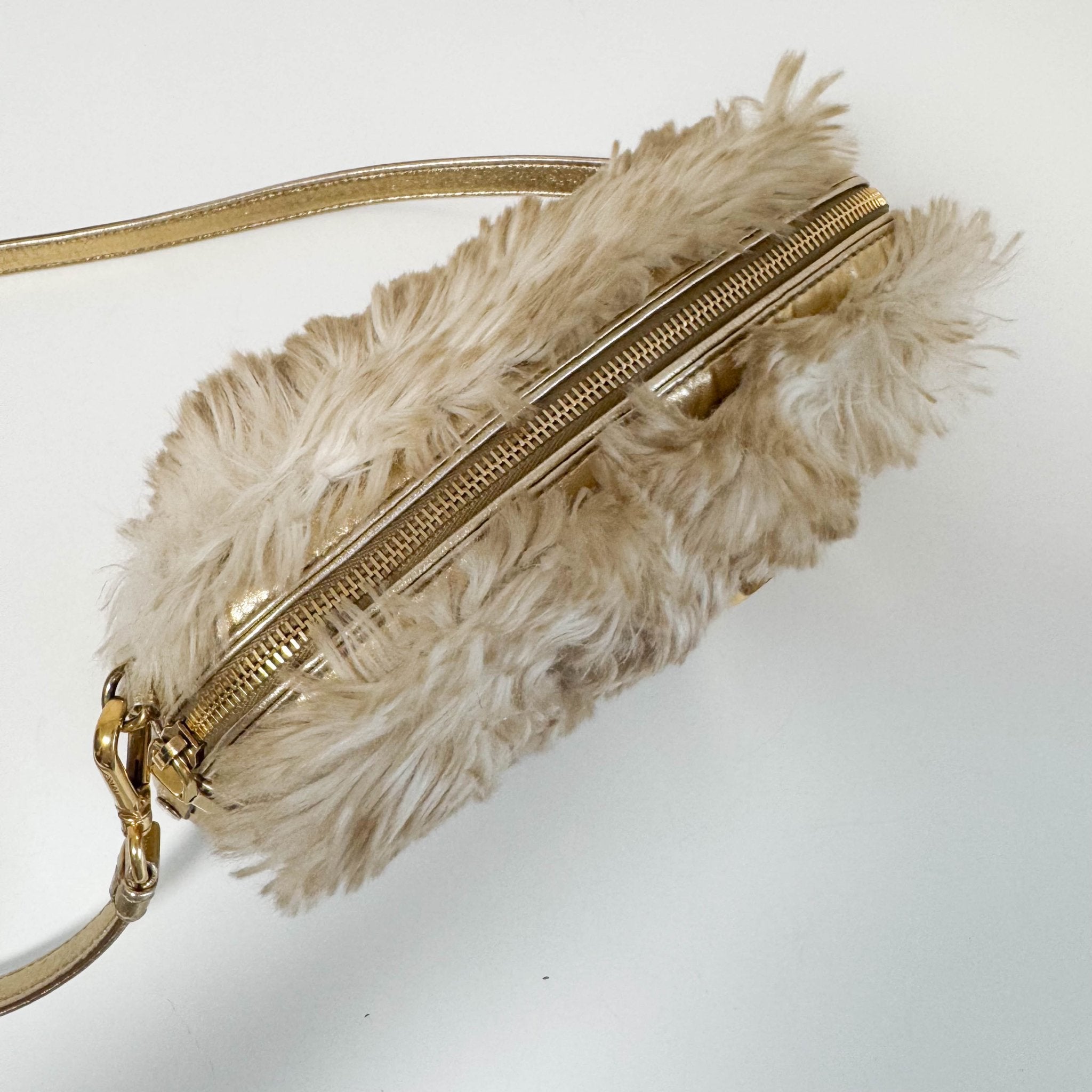PRADA Faux Fur Gold Leather Shoulder Bag, in , Sold by HIVE PRELOVED - Crossbody bags, Shoulder Bags,