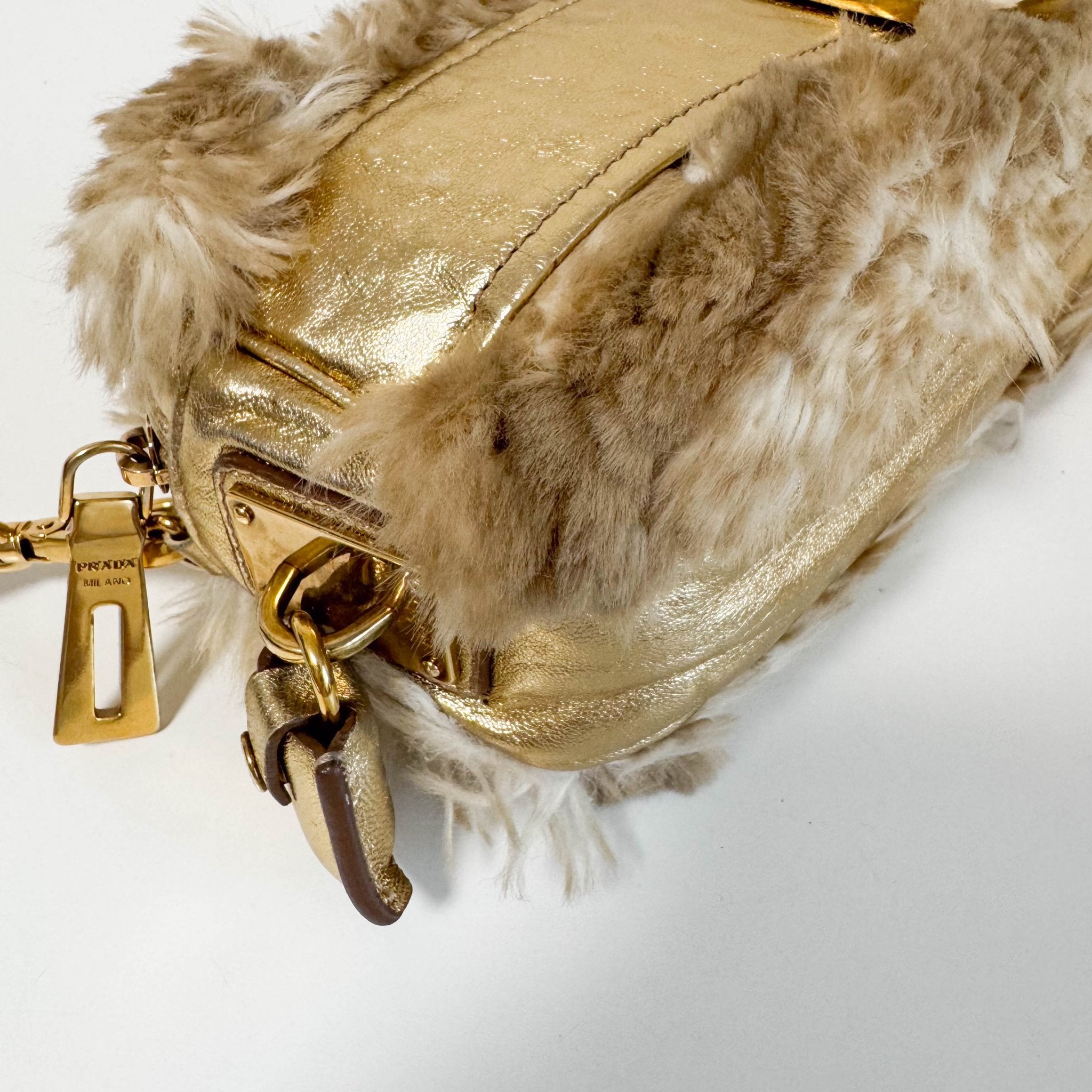 PRADA Faux Fur Gold Leather Shoulder Bag, in , Sold by HIVE PRELOVED - Crossbody bags, Shoulder Bags,