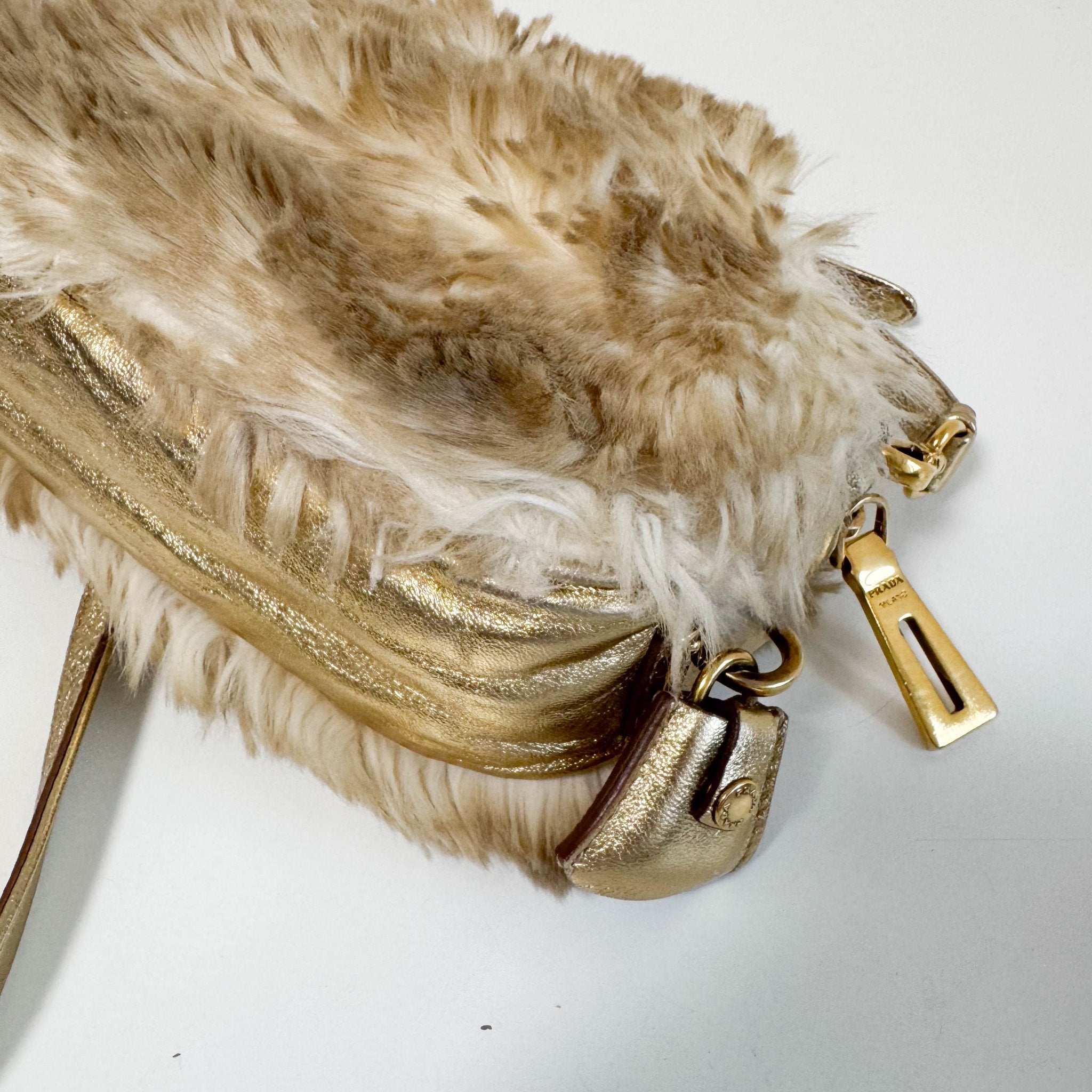 PRADA Faux Fur Gold Leather Shoulder Bag, in , Sold by HIVE PRELOVED - Crossbody bags, Shoulder Bags,